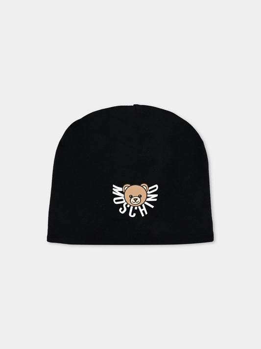 Berretto nero per bambini con logo e Teddy Bear,Moschino Kids,HMX02M LDA17 60100