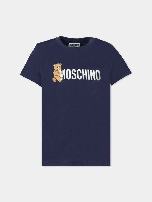 T-shirt blu per bambini con Teddy Bear e logo,Moschino Kids,HPM058 LAA34 40016