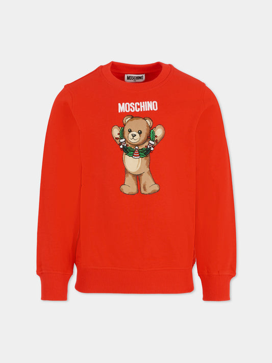 Felpa rossa per bambini con Teddy Bear e ghirlanda natalizia,Moschino Kids,HQF08V LCA14 50109