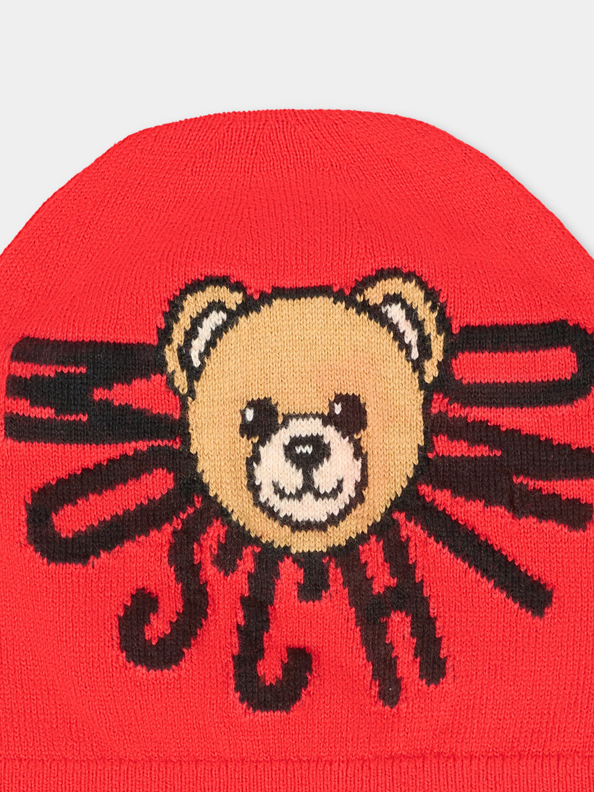 Berretto rosso per bambini con Teddy Bear e logo,Moschino Kids,HUX02O LHE43 50109