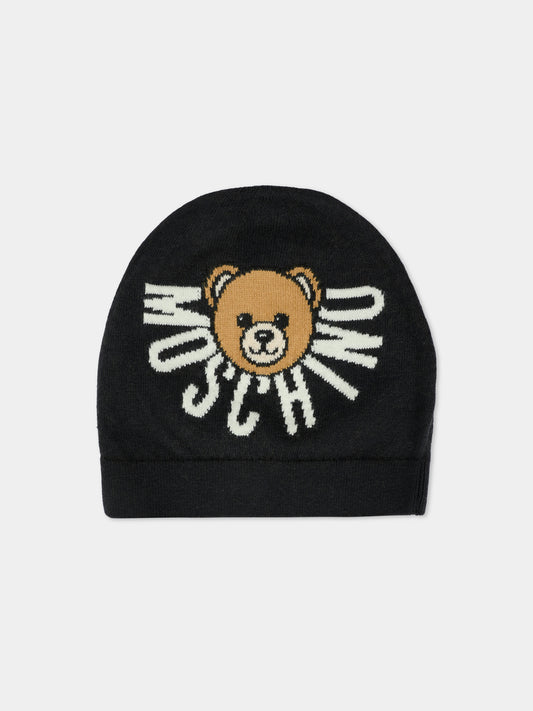 Berretto nero per bambini con Teddy Bear e logo,Moschino Kids,HUX02O LHE43 60100