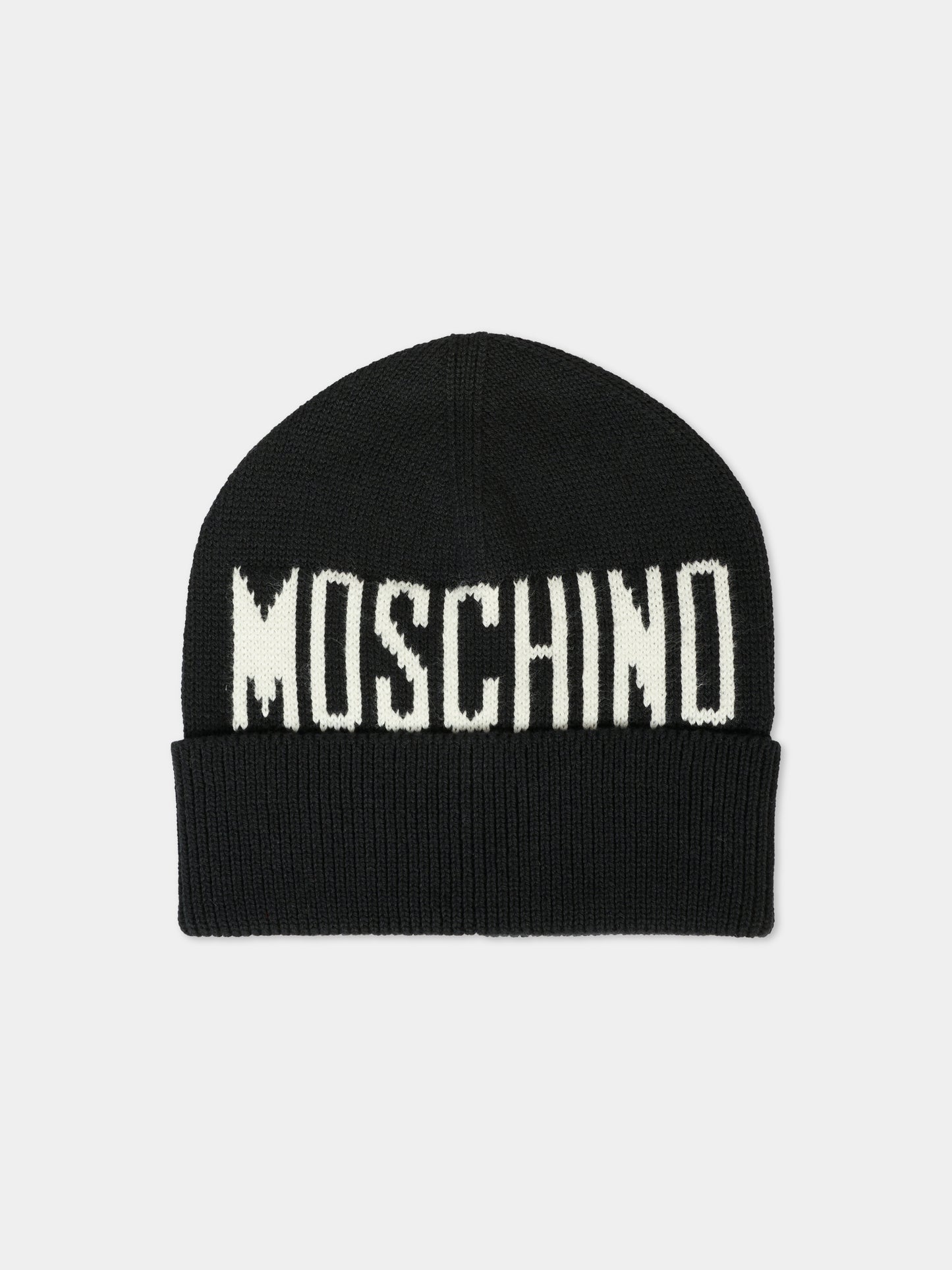 Berretto nero per bambini con logo bianco,Moschino Kids,HUX02P LHE66 60100