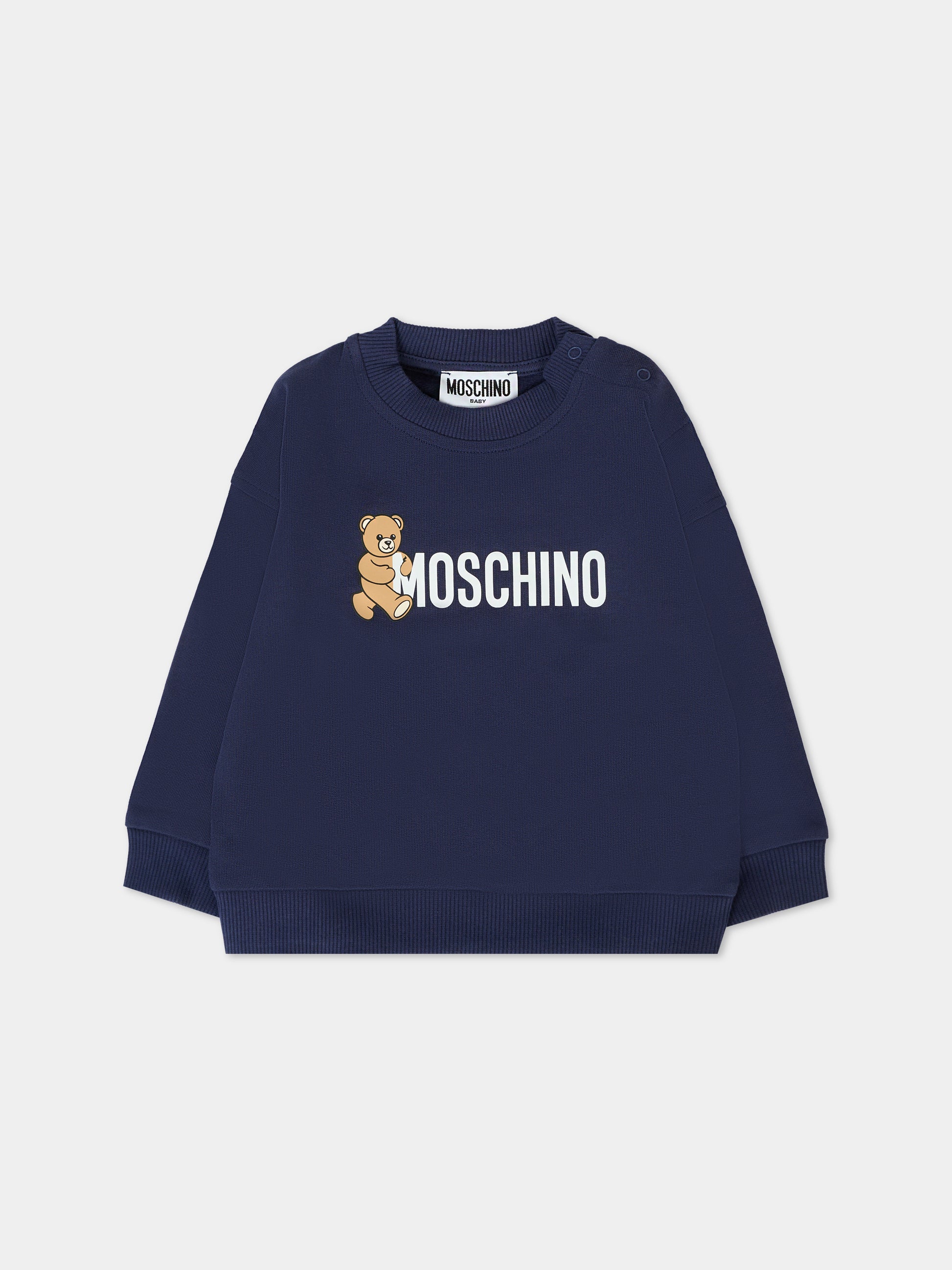 Felpa blu per neonati con logo e Teddy Bear,Moschino Kids,M8F03Q LCA83 40016