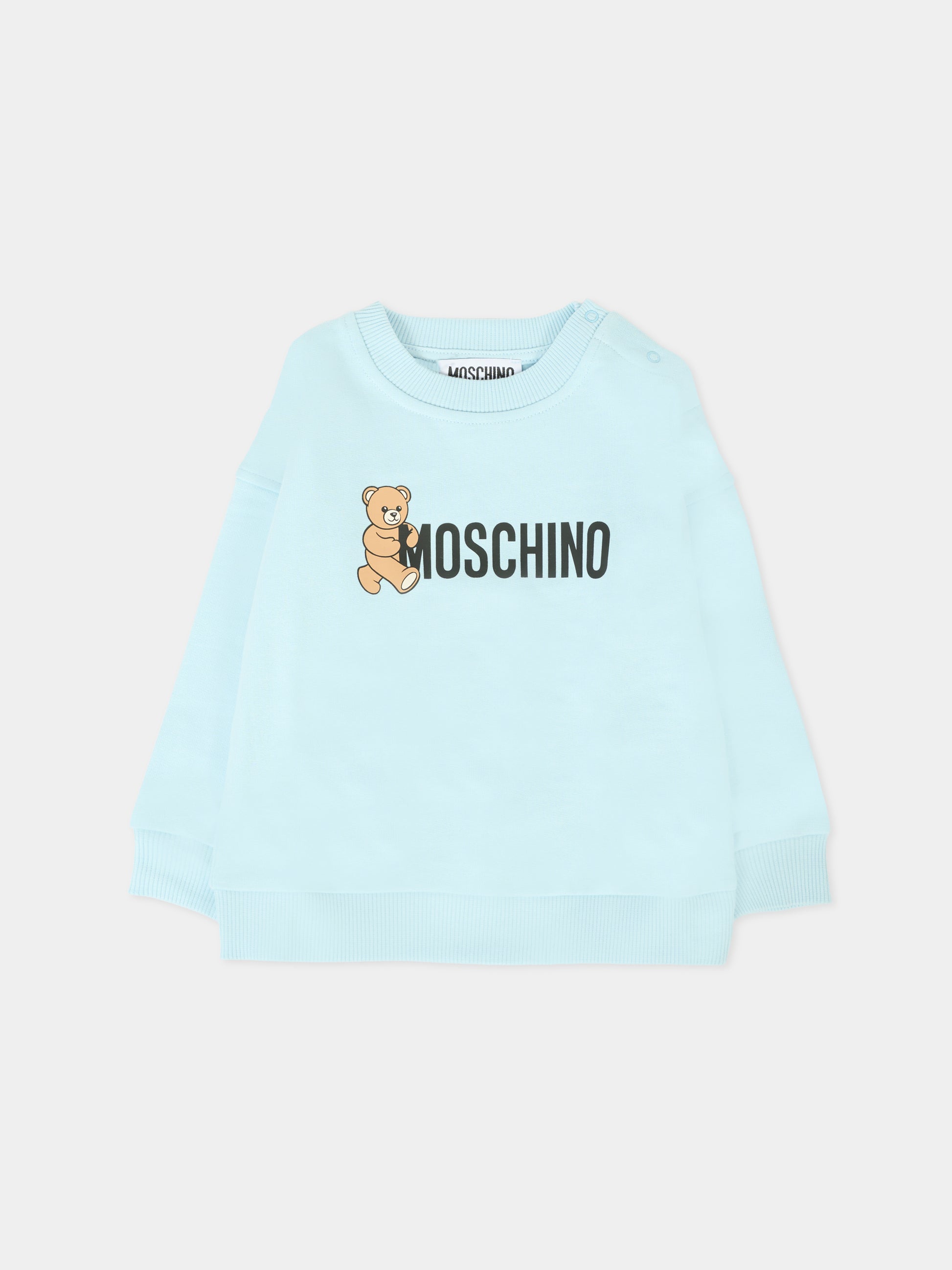 Felpa celeste per neonati con logo e Teddy Bear,Moschino Kids,M8F03Q LCA83 40304