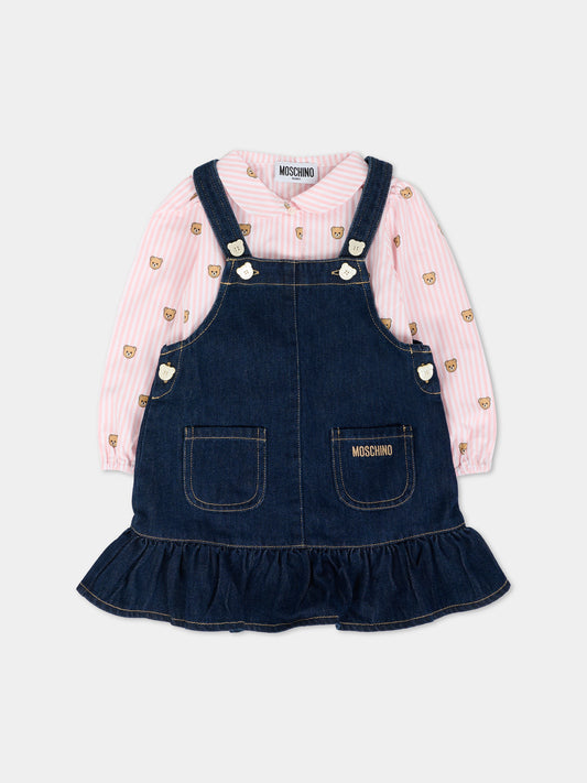 Salopette denim per neonata con Teddy Bear,Moschino Kids,MDK036 L0E34 40109