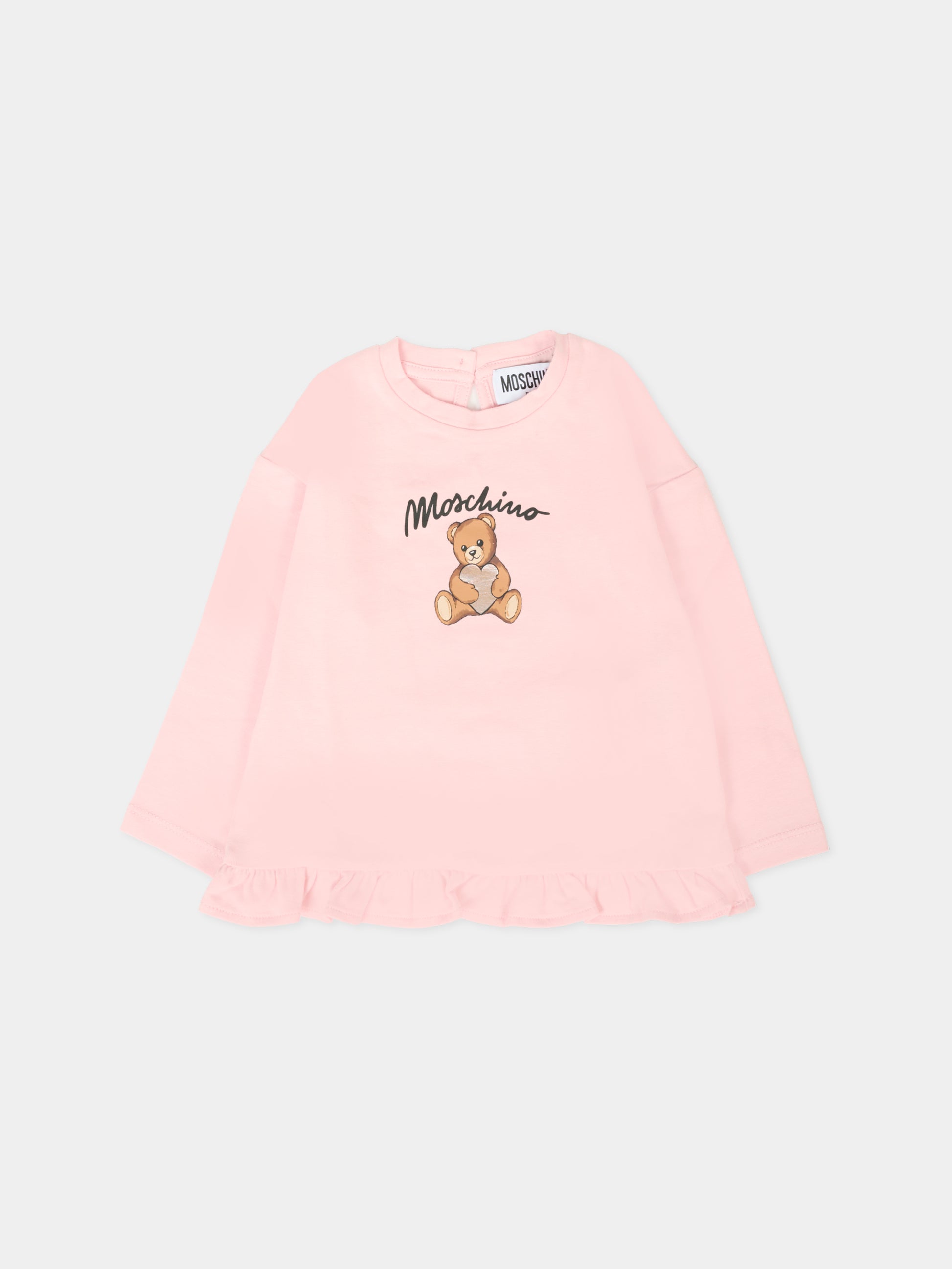T-shirt rosa per neonata con Teddy Bear e cuore,Moschino Kids,MDO00S LBA11 50209