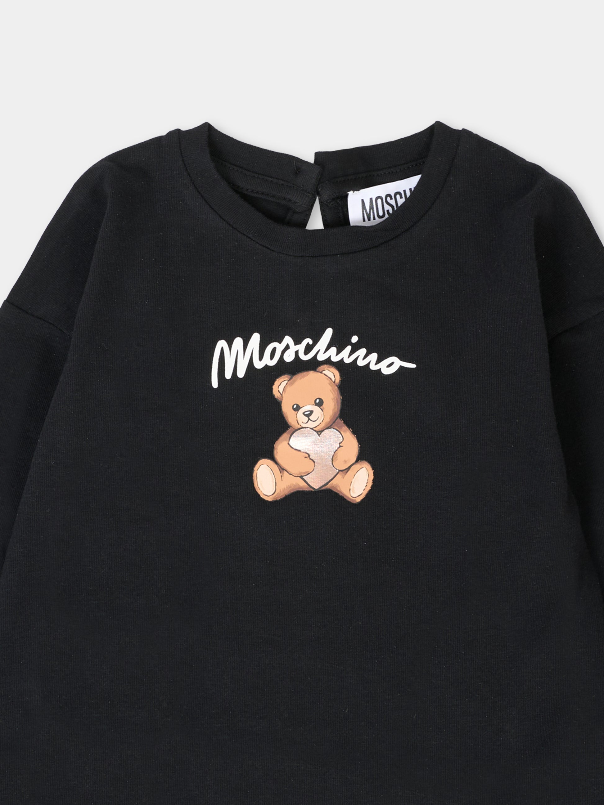T-shirt nera per neonata con Teddy Bear e cuore,Moschino Kids,MDO00S LBA11 60100