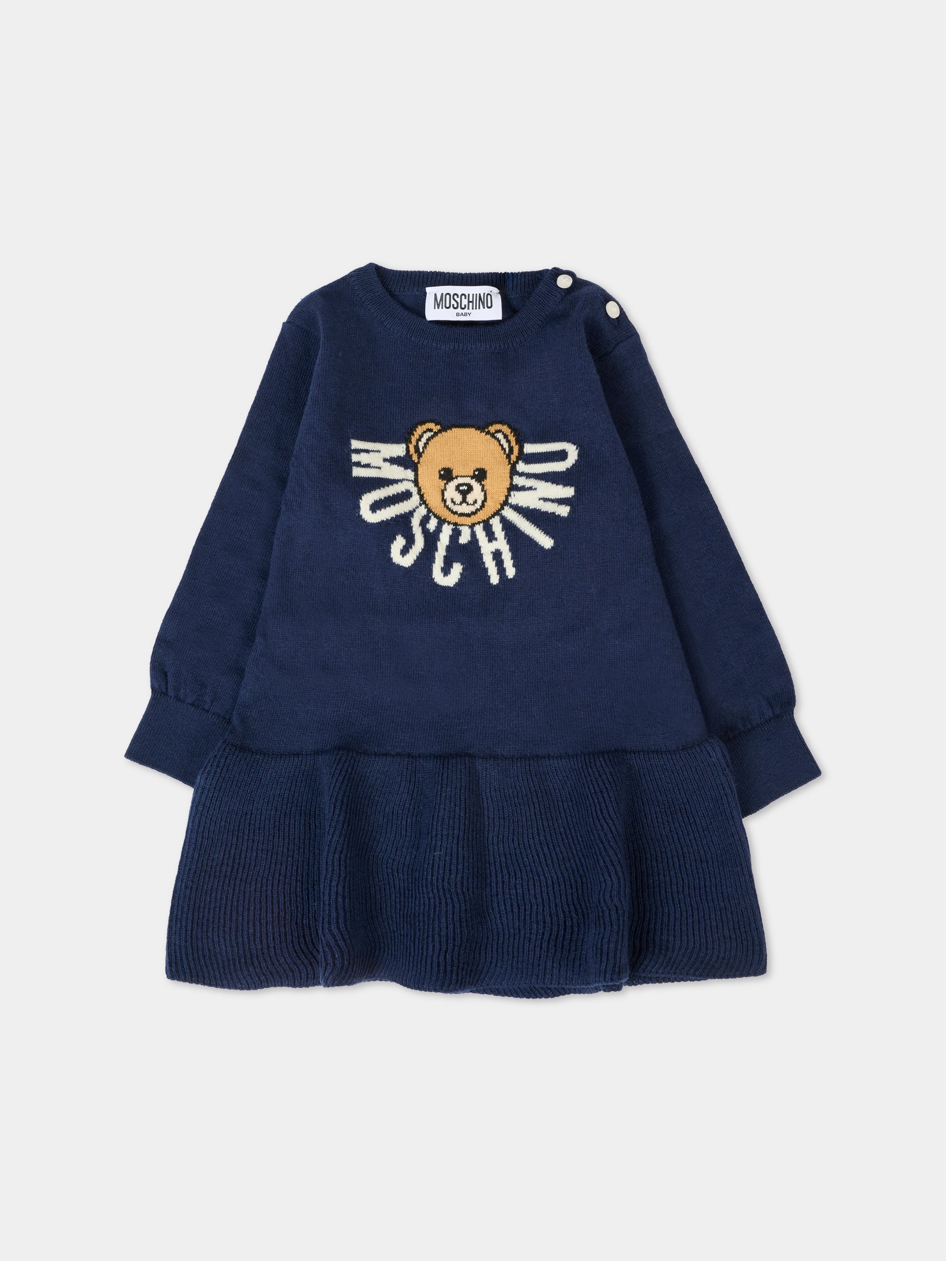 Vestito blu per neonata con Teddy Bear,Moschino Kids,MDV0CT LHE43 40016