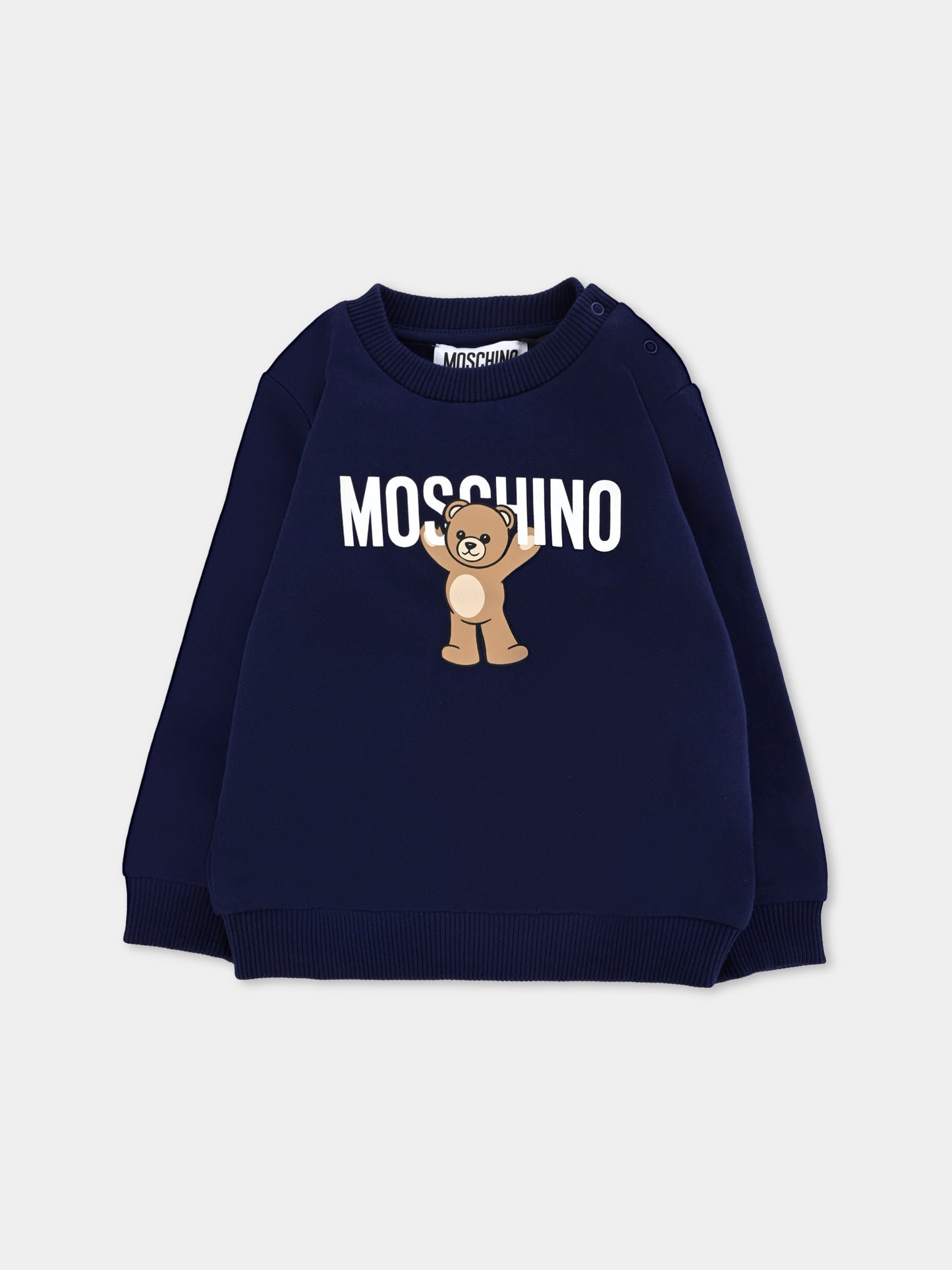 Felpa blu per neonati con logo e Teddy Bear,Moschino Kids,MNF060 LCA40 40016