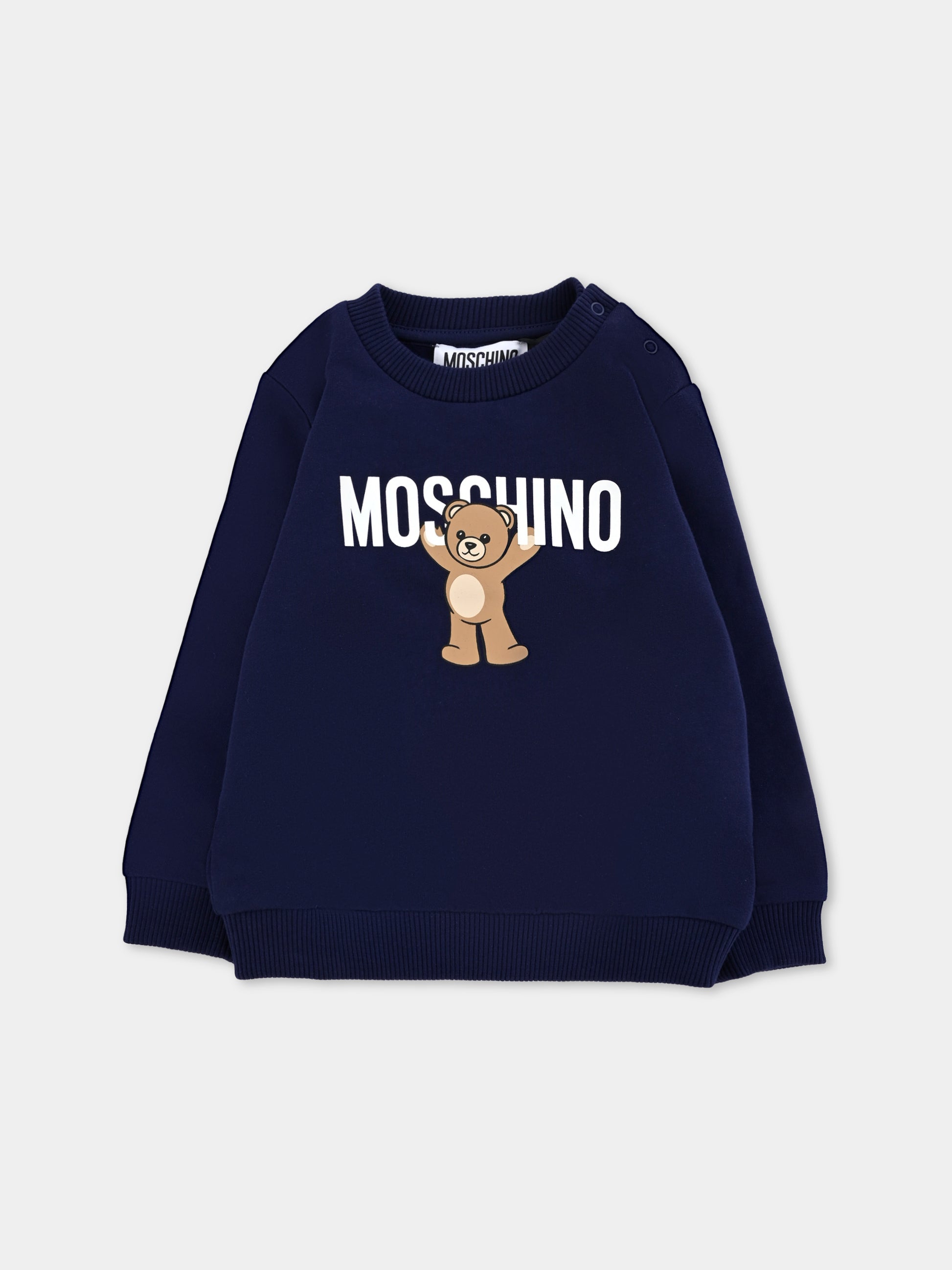 Felpa blu per neonati con logo e Teddy Bear,Moschino Kids,MNF060 LCA40 40016