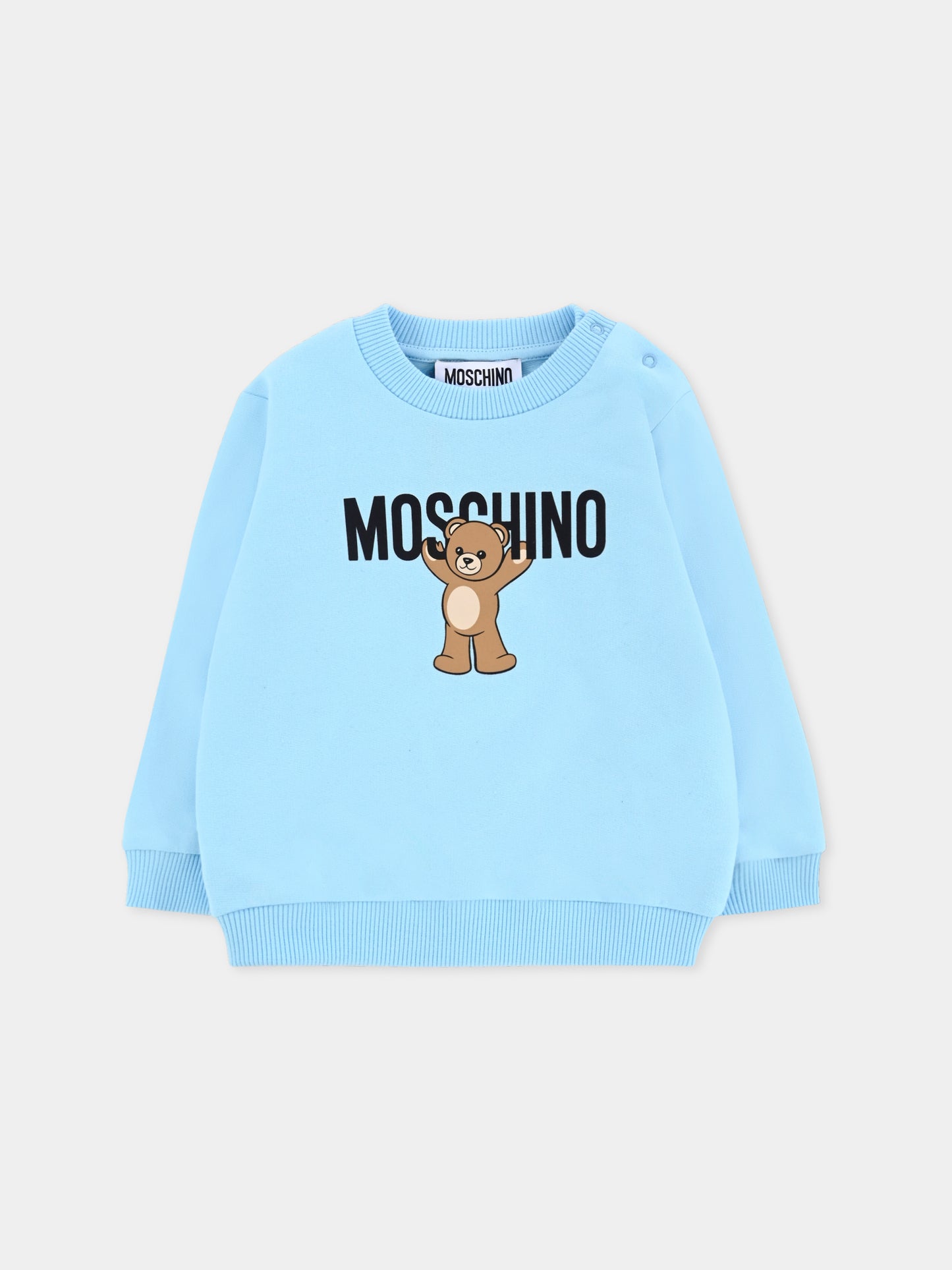 Felpa celeste per neonato con logo e Teddy Bear,Moschino Kids,MNF060 LCA40 40304