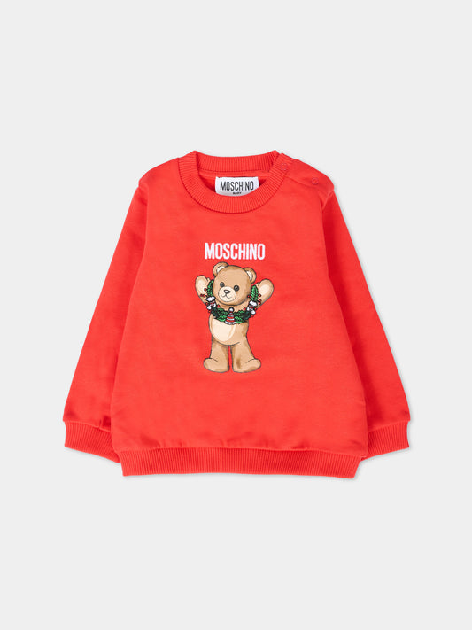 Felpa rossa per neonati con Teddy Bear natalizio,Moschino Kids,MPF060 LCA14 50109