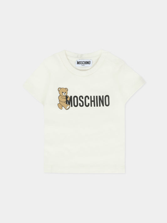 T-shirt avorio per neonati con Teddy Bear e logo,Moschino Kids,MRM047 LAA34 10063