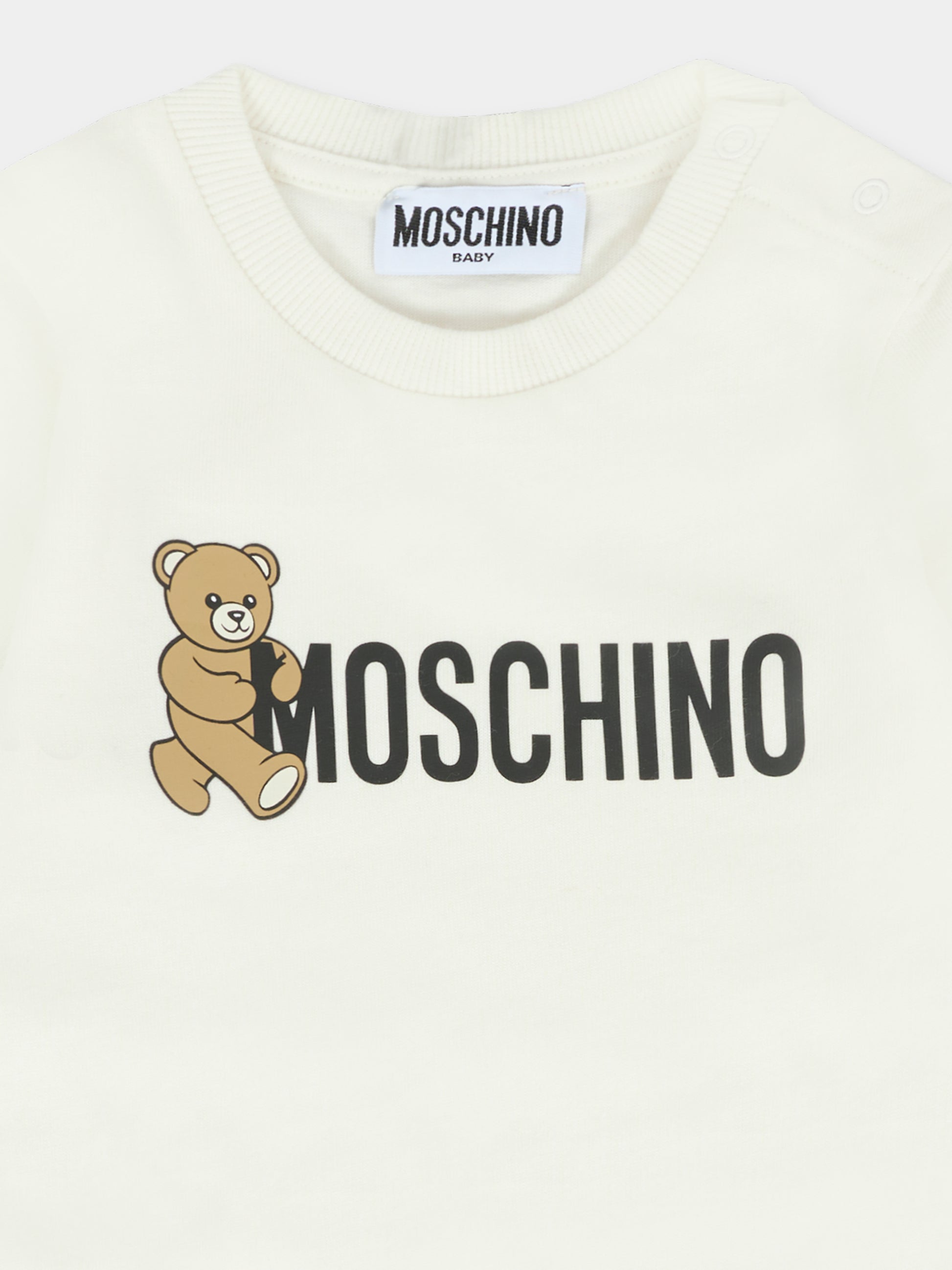 T-shirt avorio per neonati con Teddy Bear e logo,Moschino Kids,MRM047 LAA34 10063