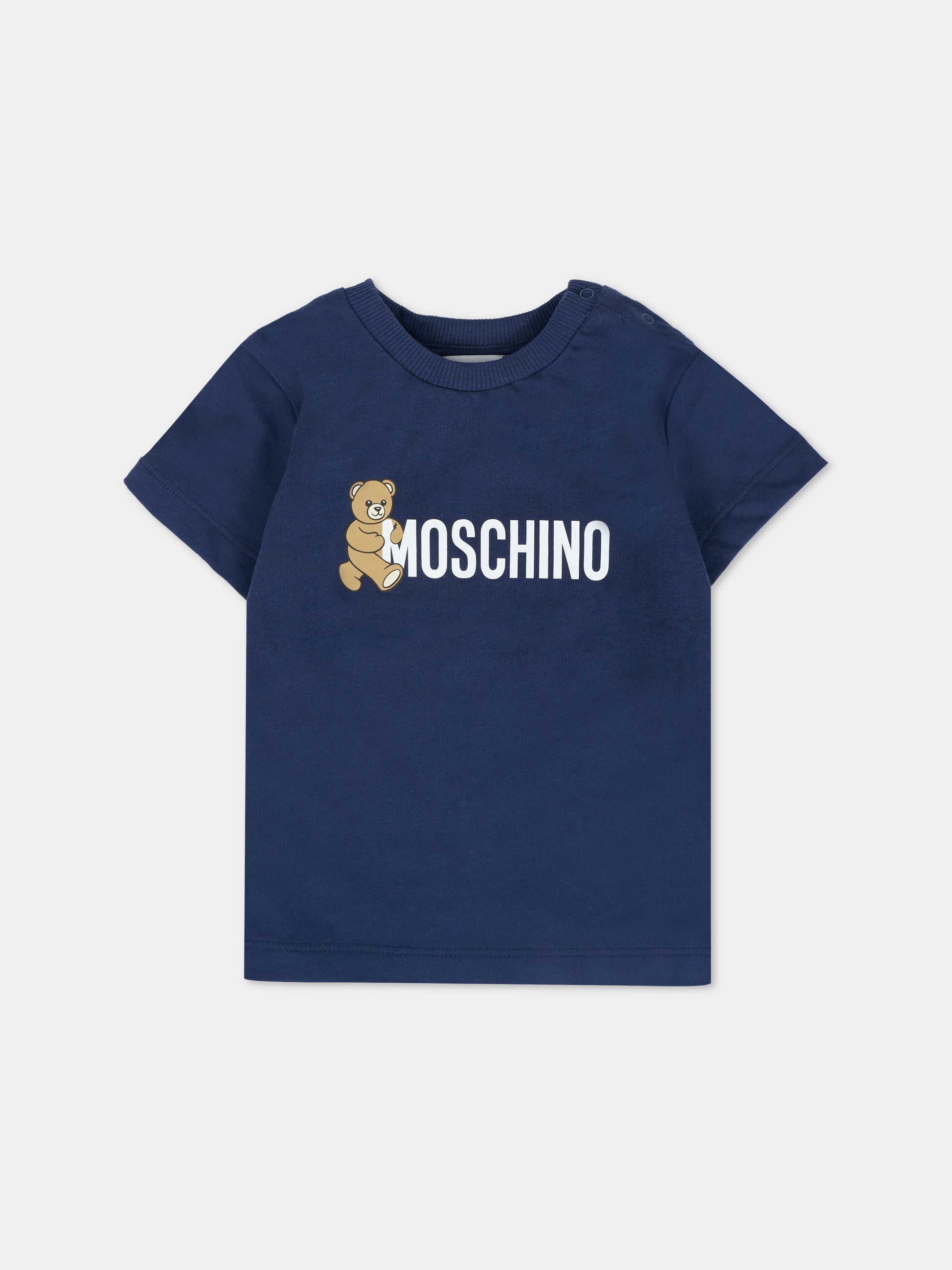 T-shirt blu per neonati con Teddy Bear e logo,Moschino Kids,MRM047 LAA34 40016