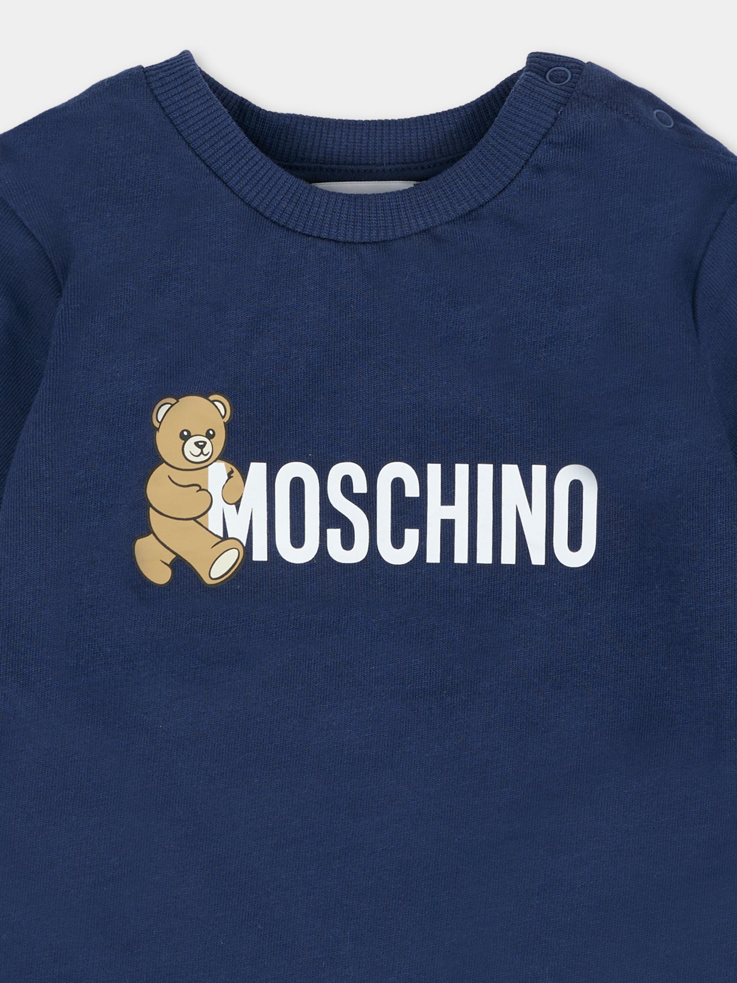 T-shirt blu per neonati con Teddy Bear e logo,Moschino Kids,MRM047 LAA34 40016