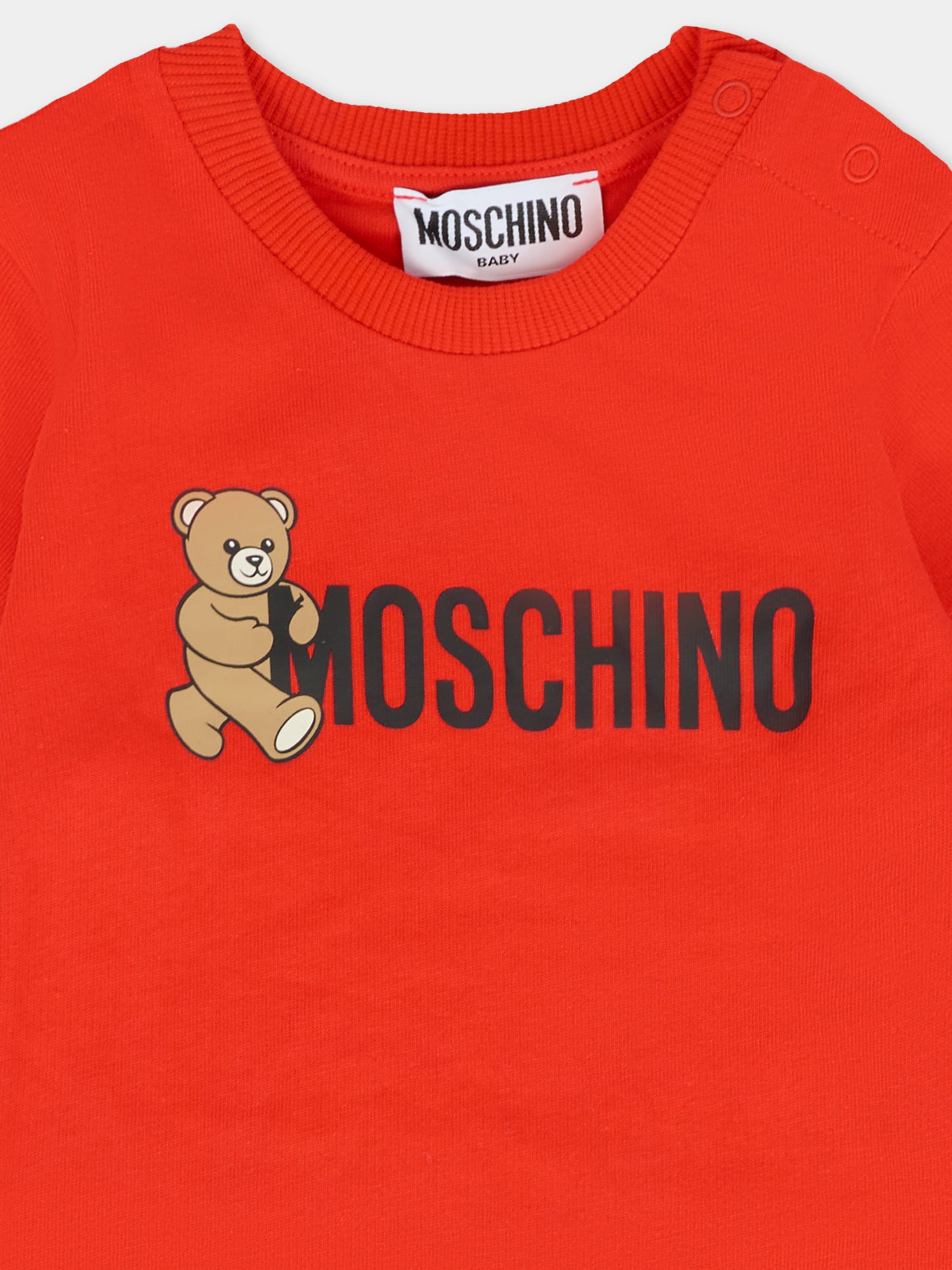 T-shirt rossa per neonati con Teddy Bear e logo,Moschino Kids,MRM047 LAA34 50109