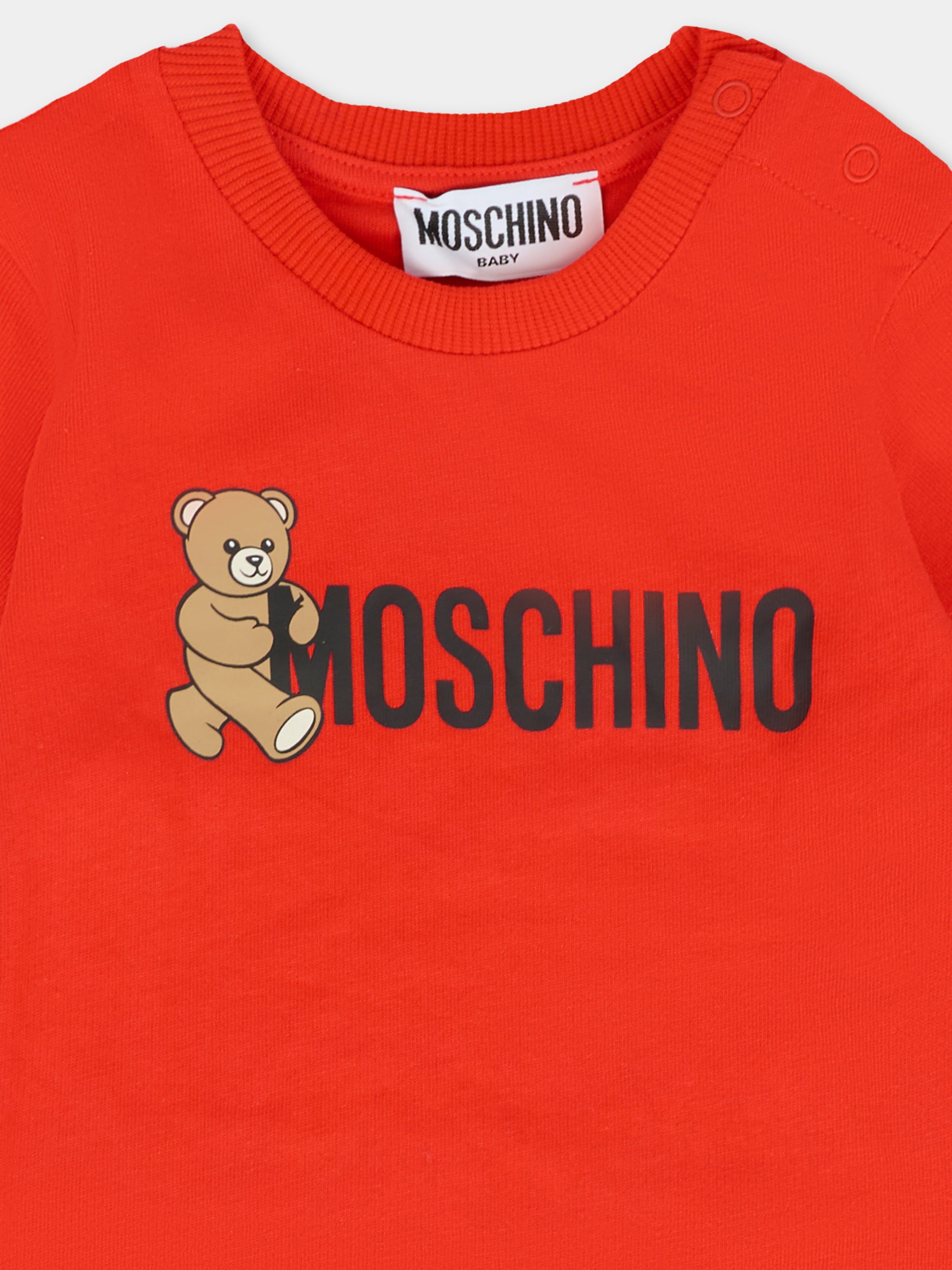T-shirt rossa per neonati con Teddy Bear e logo,Moschino Kids,MRM047 LAA34 50109