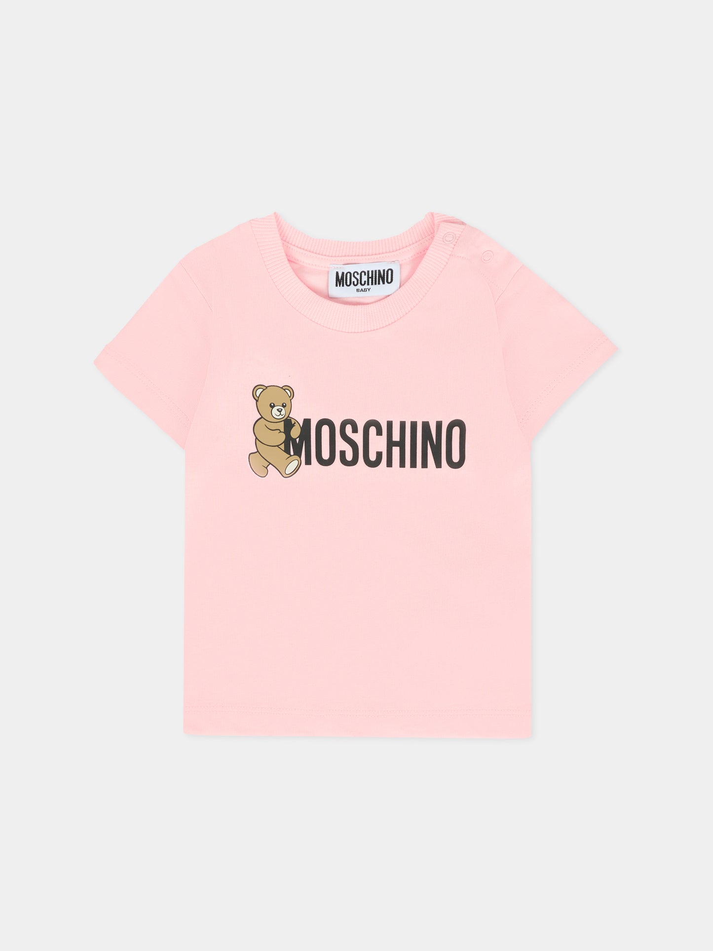 T-shirt rosa per neonata con Teddy Bear e logo,Moschino Kids,MRM047 LAA34 50209