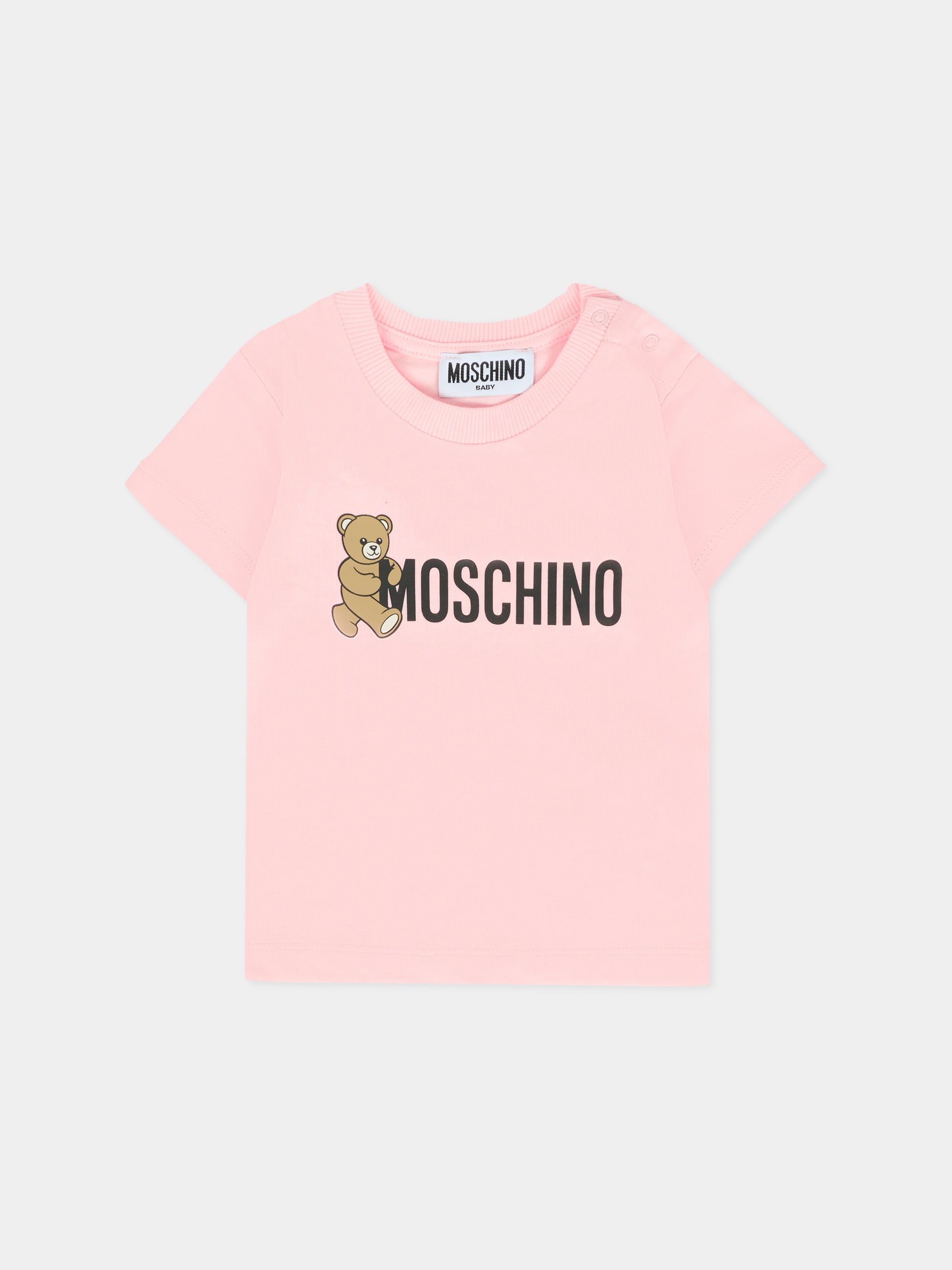T-shirt rosa per neonata con Teddy Bear e logo,Moschino Kids,MRM047 LAA34 50209