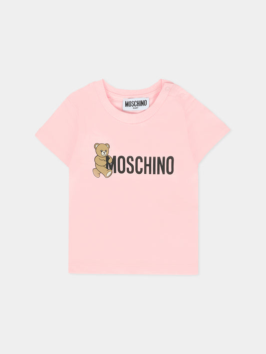 T-shirt rosa per neonata con Teddy Bear e logo,Moschino Kids,MRM047 LAA34 50209