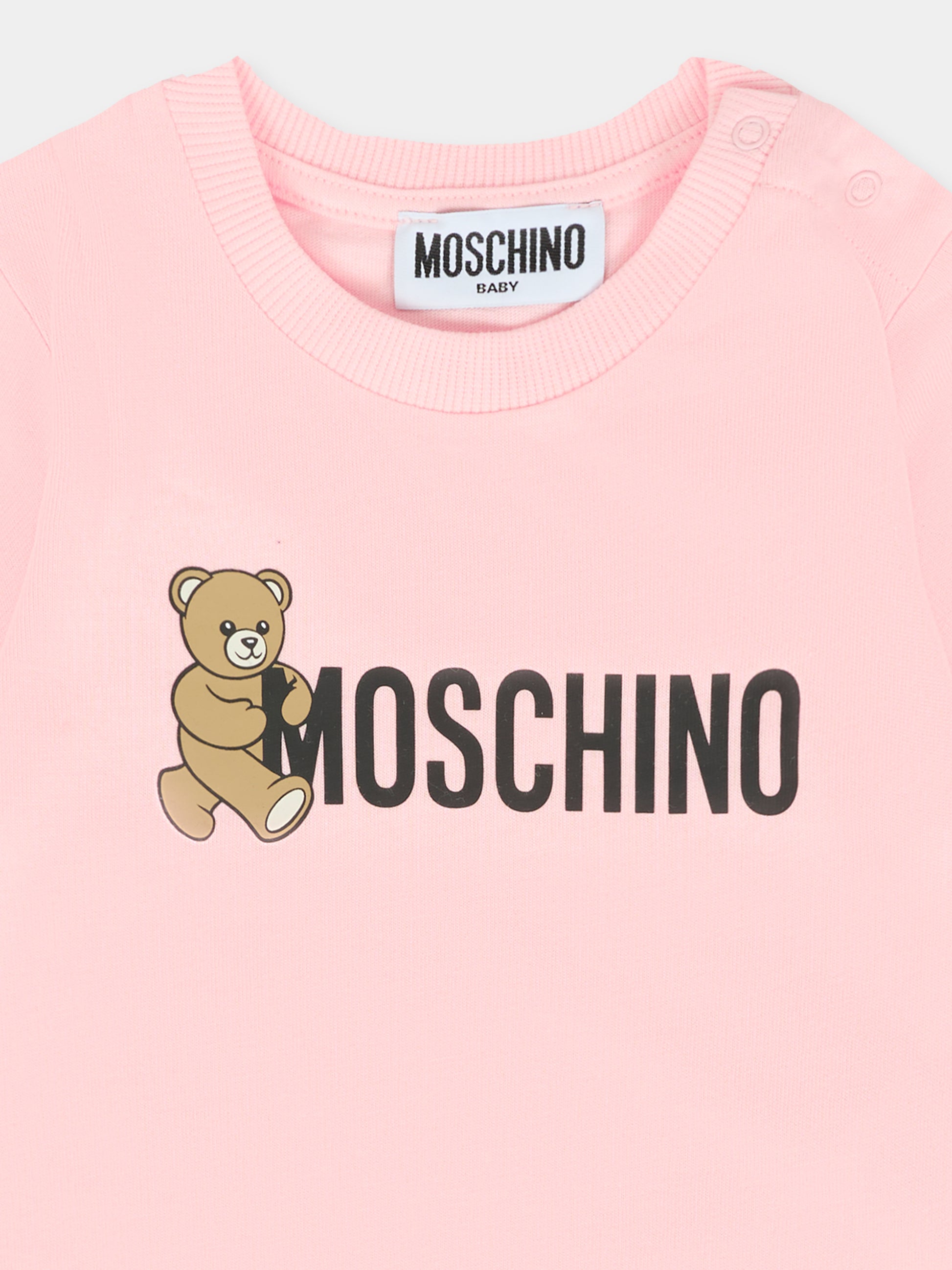 T-shirt rosa per neonata con Teddy Bear e logo,Moschino Kids,MRM047 LAA34 50209