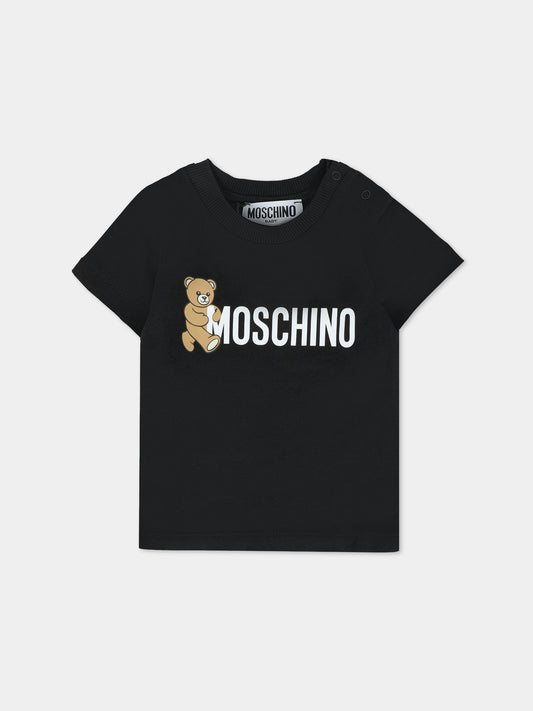 T-shirt nera per neonati con Teddy Bear e logo,Moschino Kids,MRM047 LAA34 60100