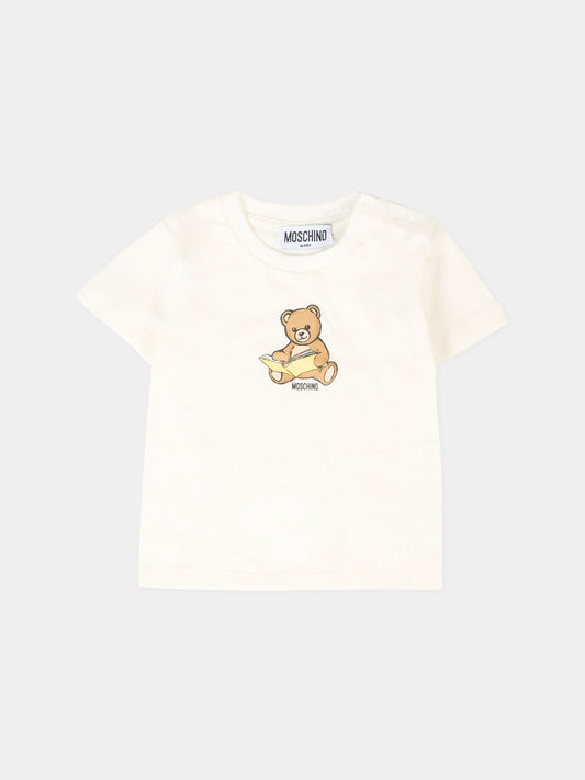 T-shirt avorio per neonati con Teddy Bear e logo,Moschino Kids,MSM047 LAA10 10063