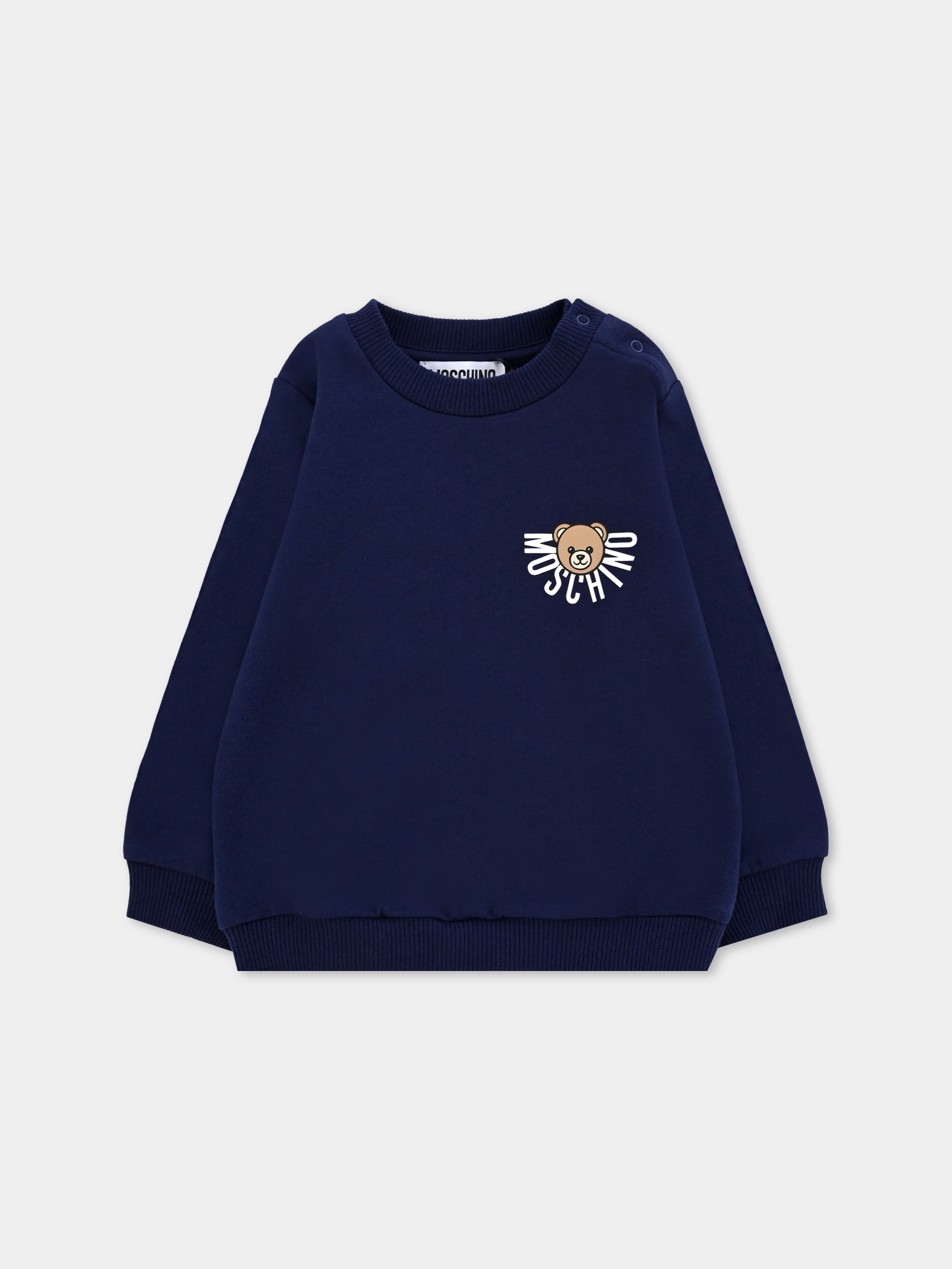 Felpa blu per neonati con logo e Teddy Bear,Moschino Kids,MUF063 LCA40 40016