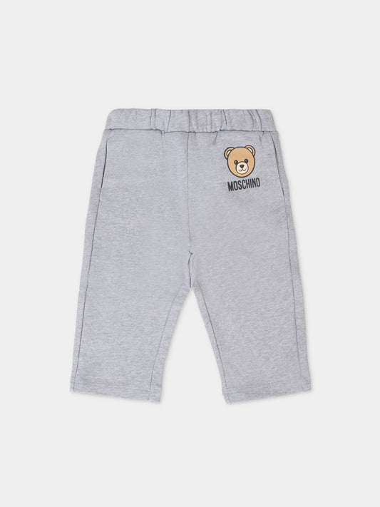 Pantaloni grigi per neonato con Teddy Bear e logo,Moschino Kids,MUP05K LCA15 60901