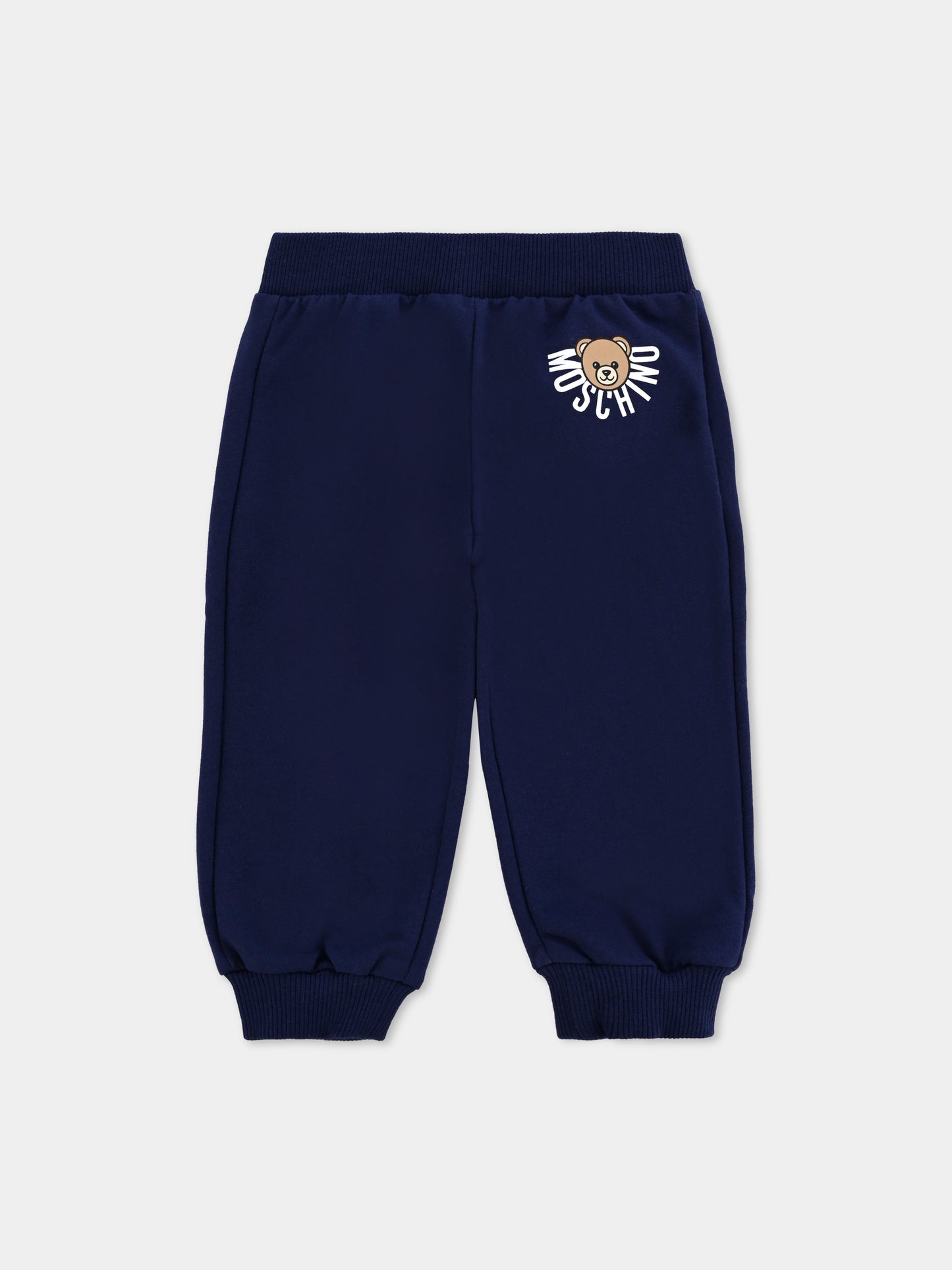 Pantaloni blu per neonati con logo e Teddy Bear,Moschino Kids,MUP05O LCA40 40016