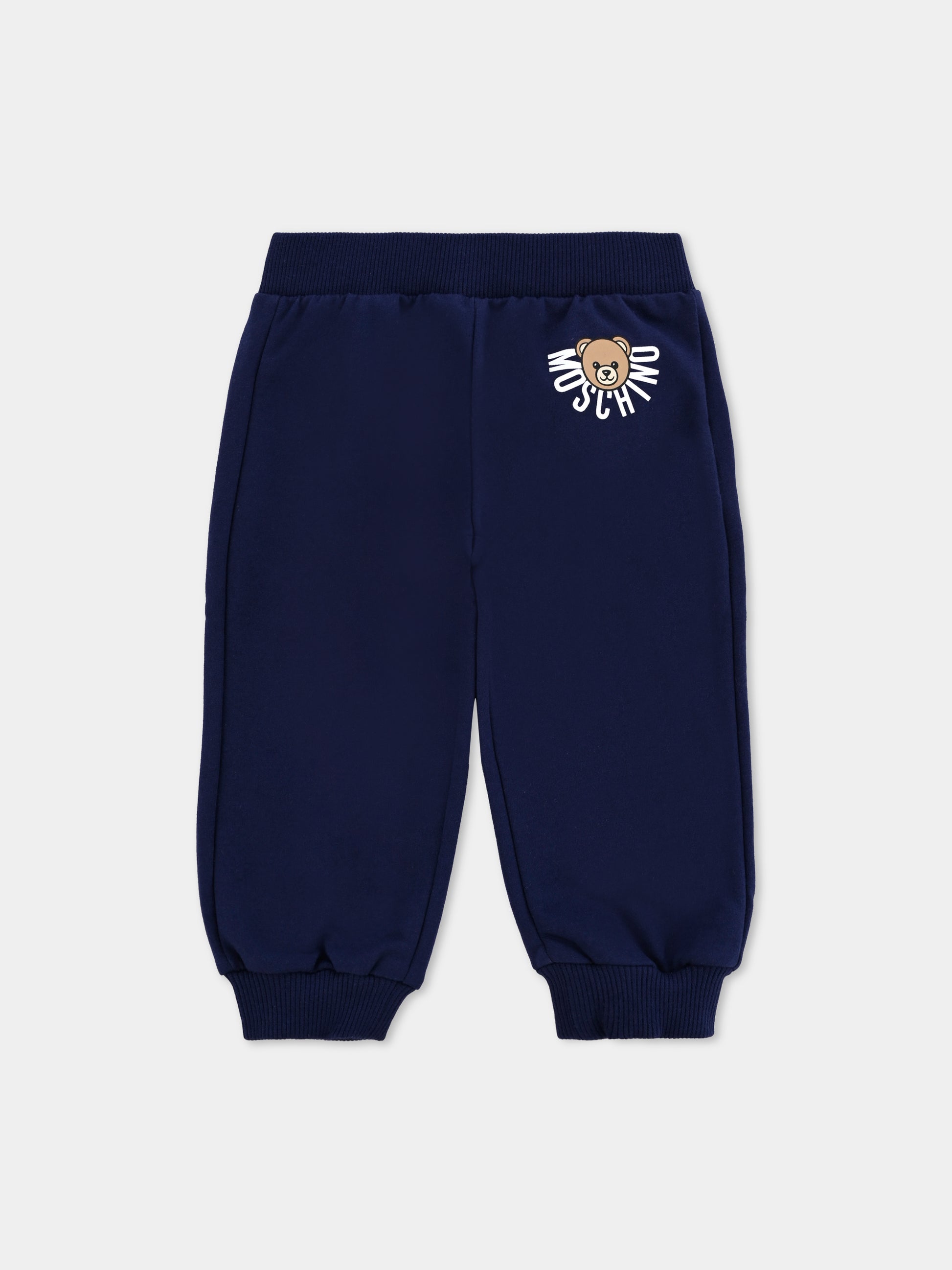 Pantaloni blu per neonati con logo e Teddy Bear,Moschino Kids,MUP05O LCA40 40016