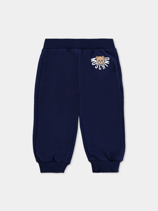 Pantaloni blu per neonati con logo e Teddy Bear,Moschino Kids,MUP05O LCA40 40016
