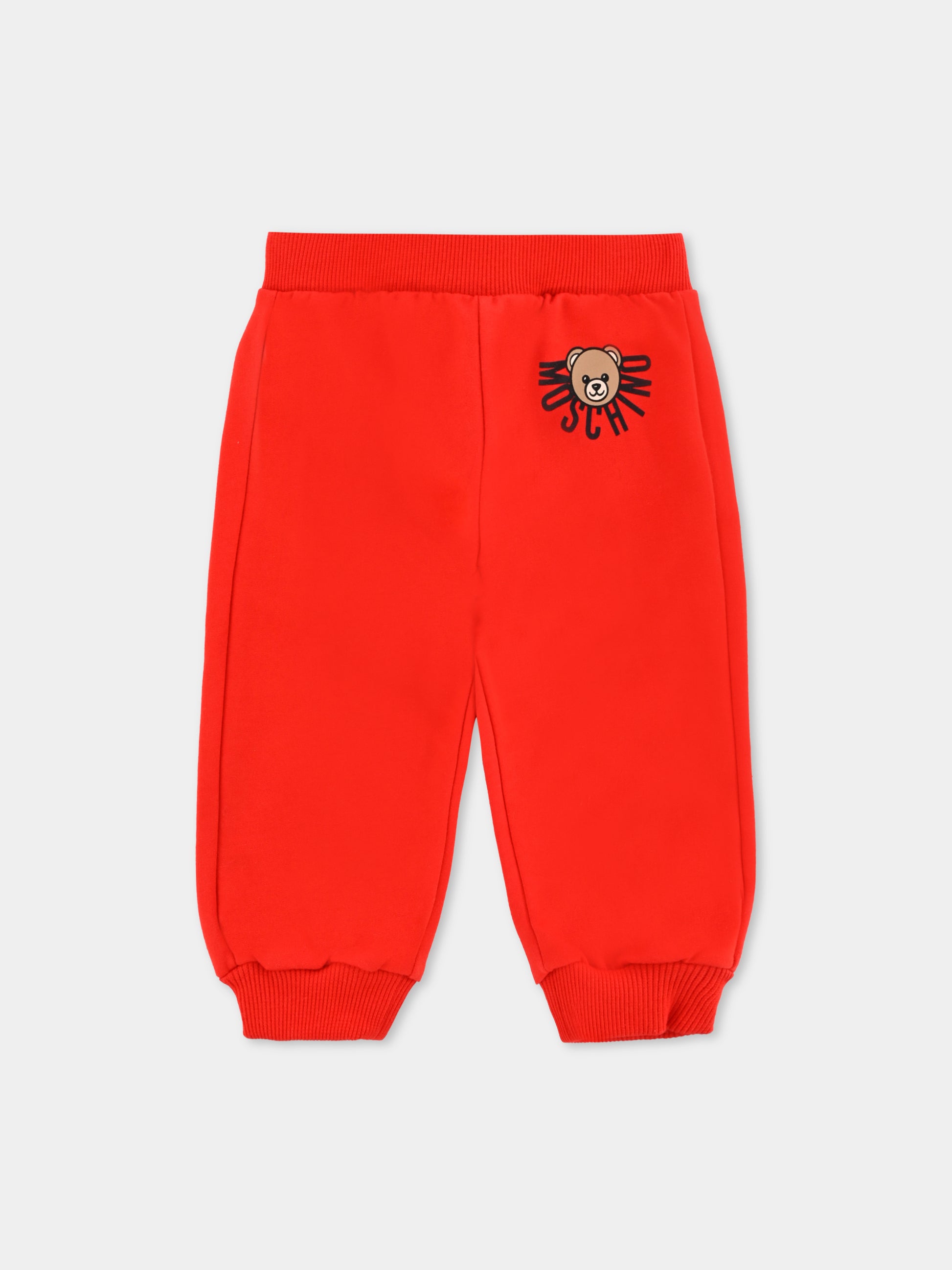 Pantaloni rossi per neonati con logo e Teddy Bear,Moschino Kids,MUP05O LCA40 50109