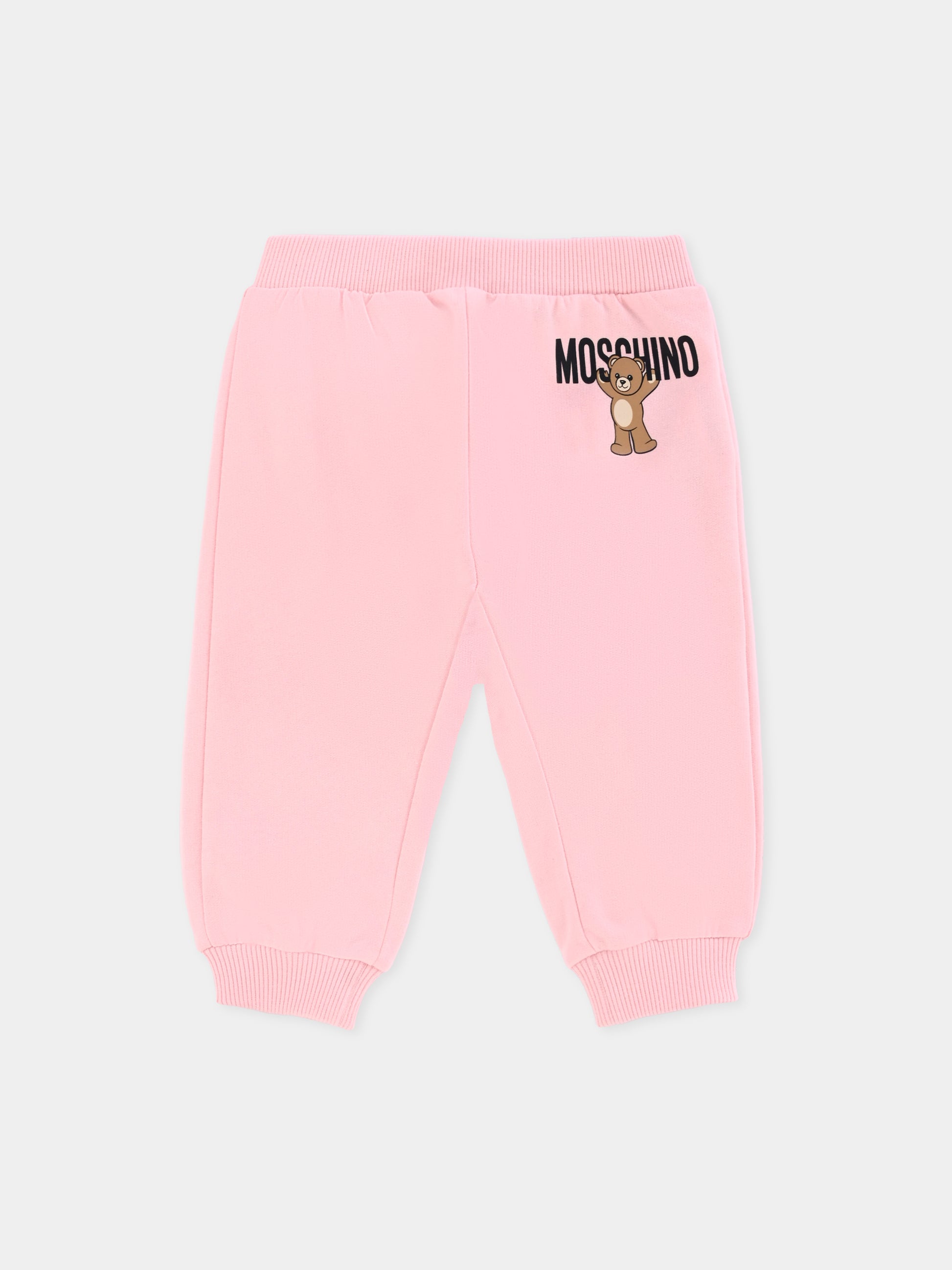 Pantaloni rosa per neonata con logo e Teddy Bear,Moschino Kids,MUP05P LCA40 50209