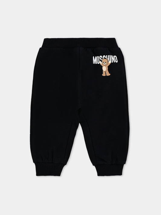 Pantaloni neri per neonati con logo e Teddy Bear,Moschino Kids,MUP05P LCA40 60100