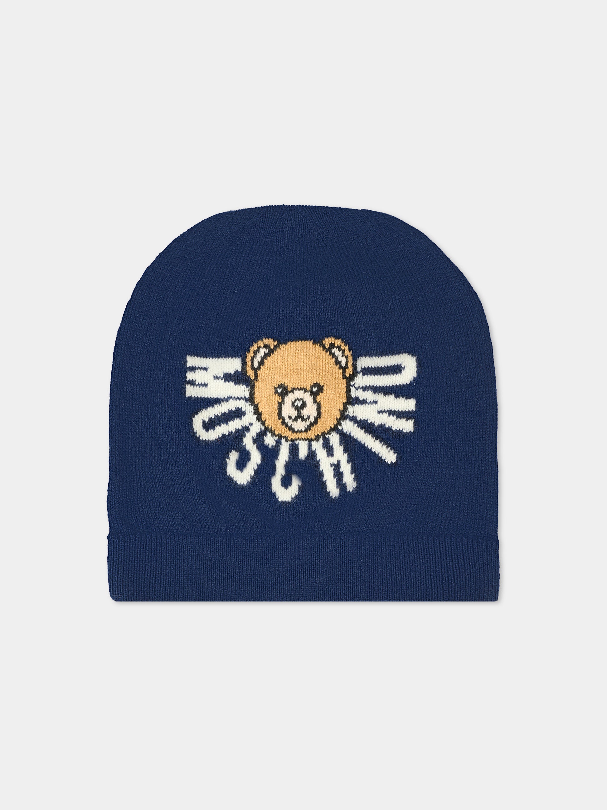 Berretto blu per neonato con Teddy Bear e logo,Moschino Kids,MUX05K LHE43 40016