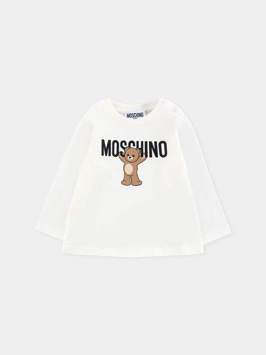 T-shirt avorio per neonati con logo e Teddy Bear,Moschino Kids,MZO00R LAA10 10063