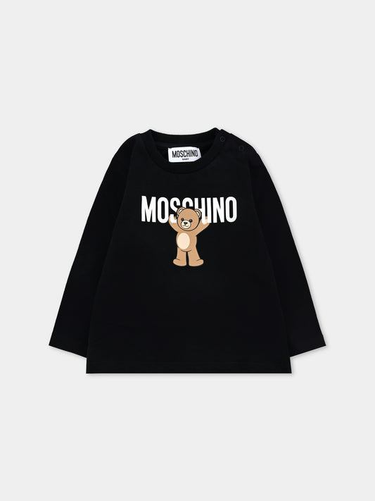 T-shirt nera per neonati con Teddy Bear,Moschino Kids,MZO00R LAA10 60100