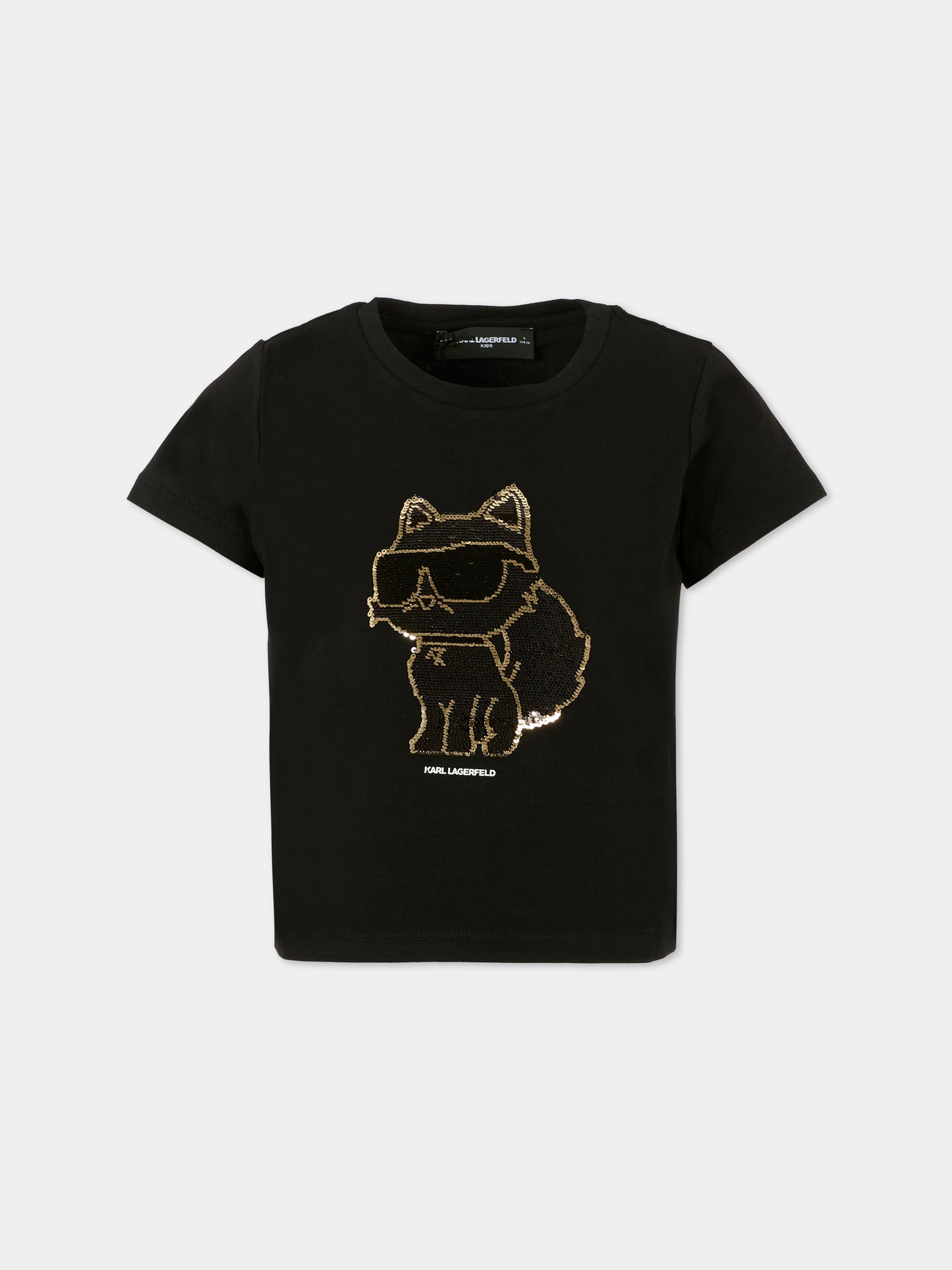 T-shirt nera per bambina con Choupette e paillettes,Karl Lagerfeld Kids,Z30944 09B