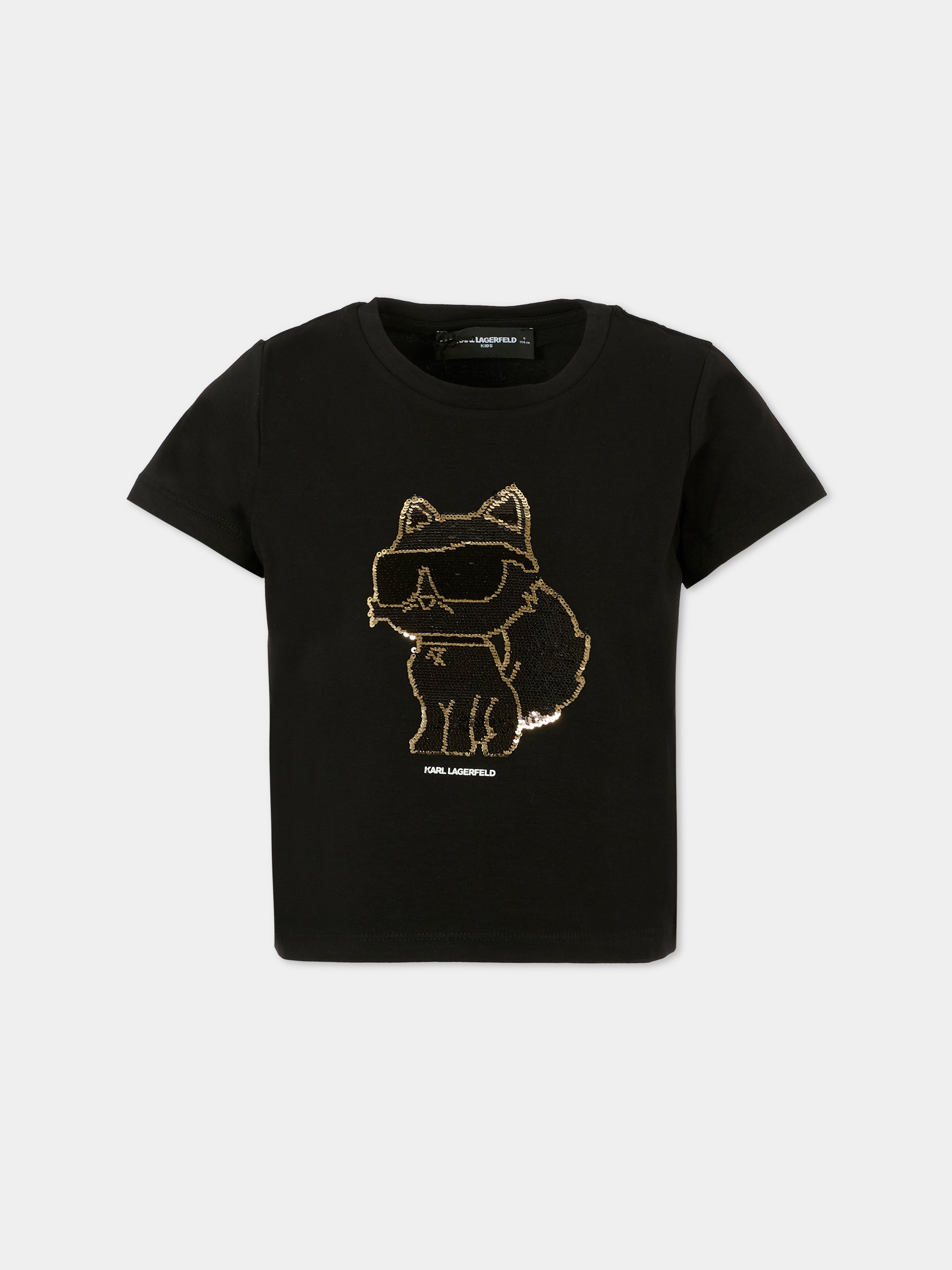 T-shirt nera per bambina con Choupette e paillettes,Karl Lagerfeld Kids,Z30944 09B