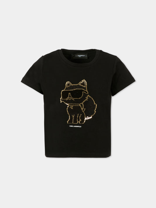 T-shirt nera per bambina con Choupette e paillettes,Karl Lagerfeld Kids,Z30944 09B