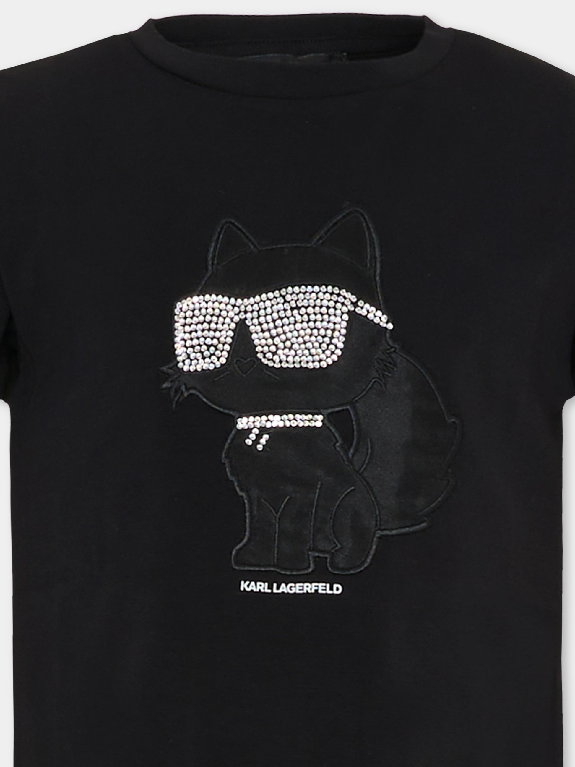 T-shirt nera per bambina con Choupette e strass,Karl Lagerfeld Kids,Z30945 09B