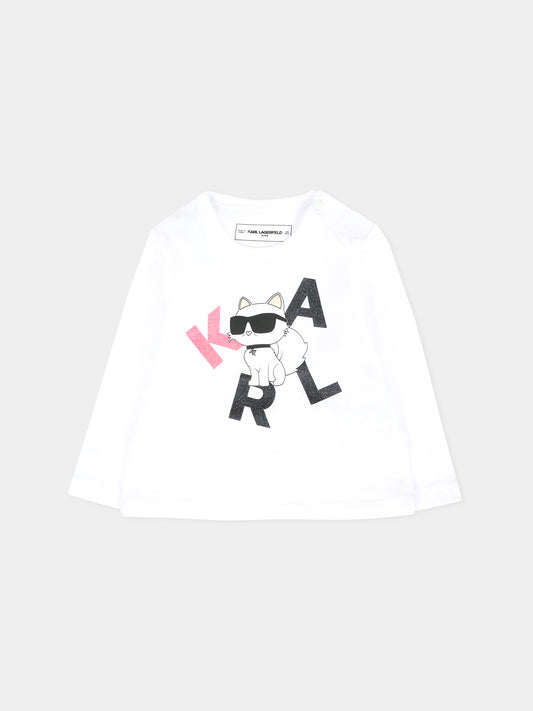 T-shirt bianca per neonata con Choupette e logo,Karl Lagerfeld Kids,Z30962 10P