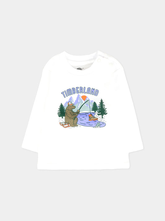 T-shirt bianca per neonato con orso e logo,Timberland,T60584 10P