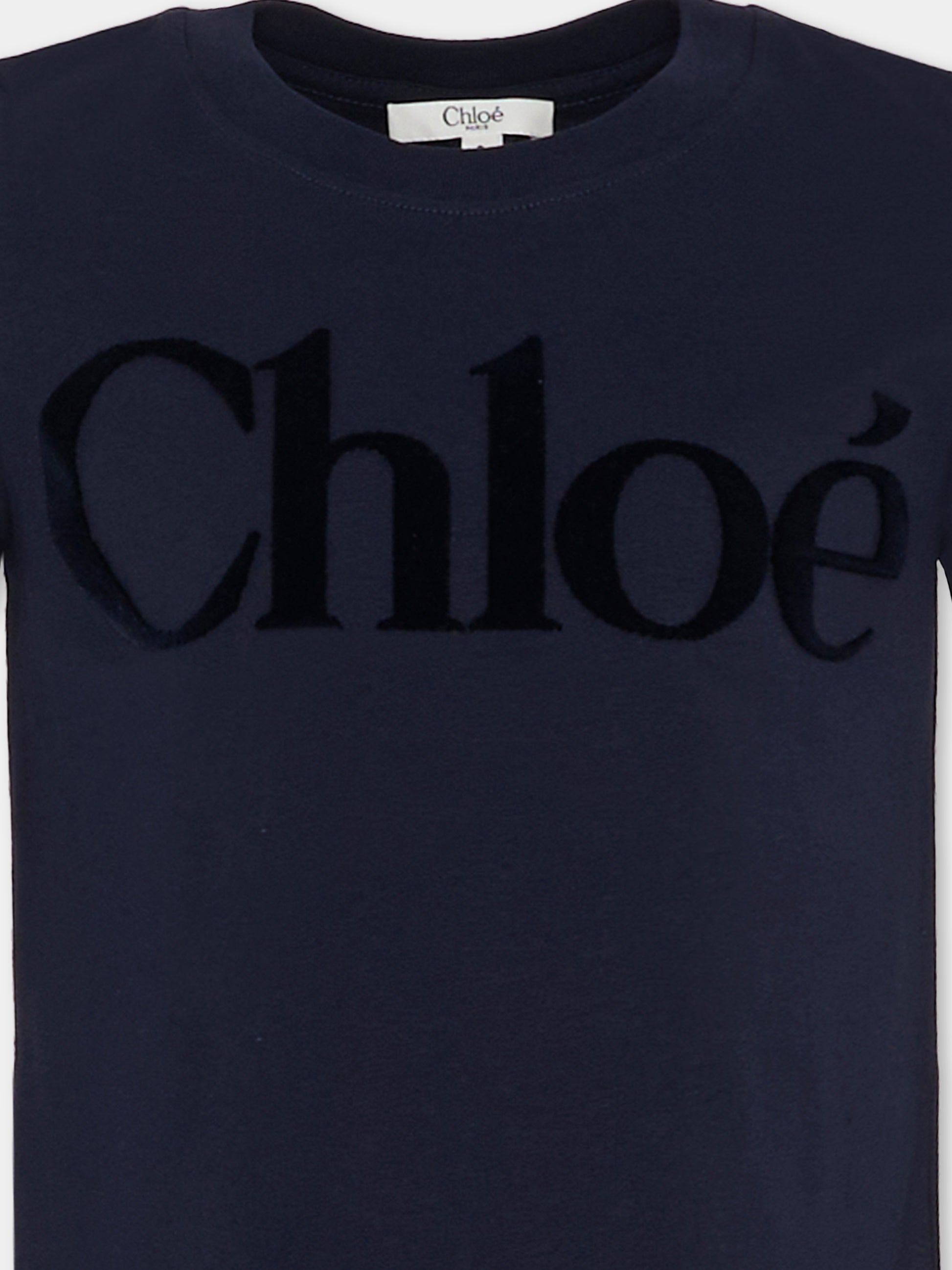 T-shirt blu per bambina con logo in velluto,Chloé Kids,C20652 859