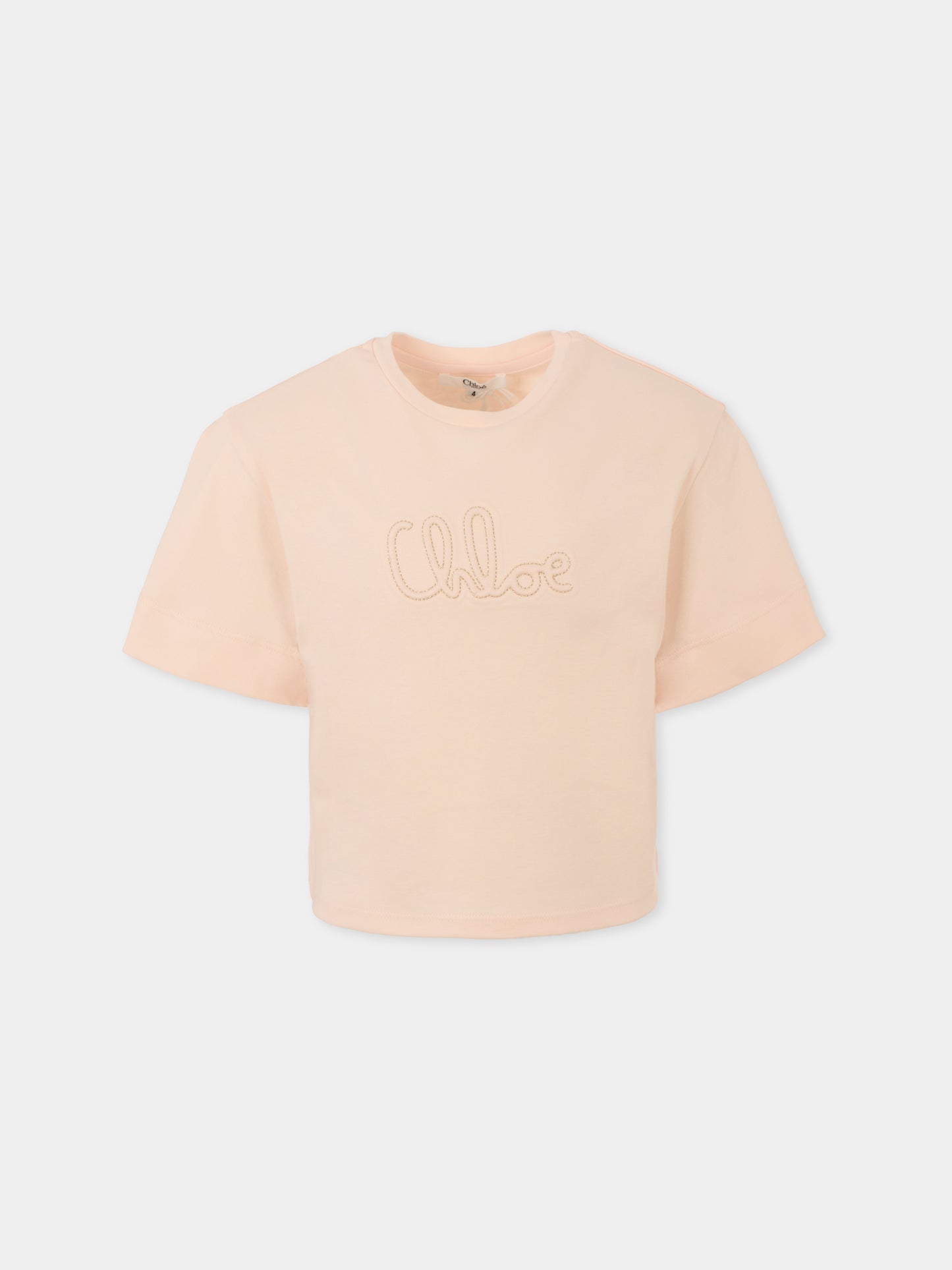 T-shirt rosa per bambina con logo ricamato,Chloé Kids,C20655 46J