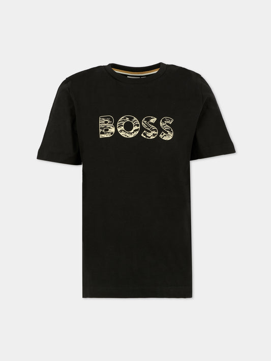 T-shirt nera per bambino con logo,Boss,J52358 09B