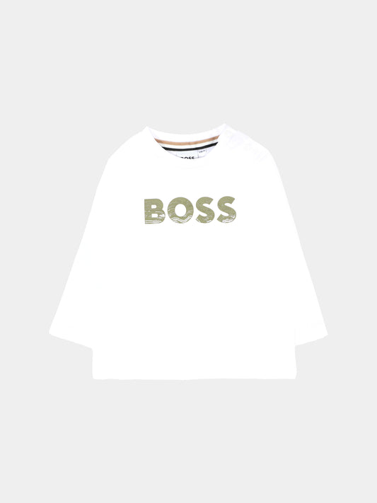 T-shirt bianca per neonato con logo verde,Boss,J52467 10P