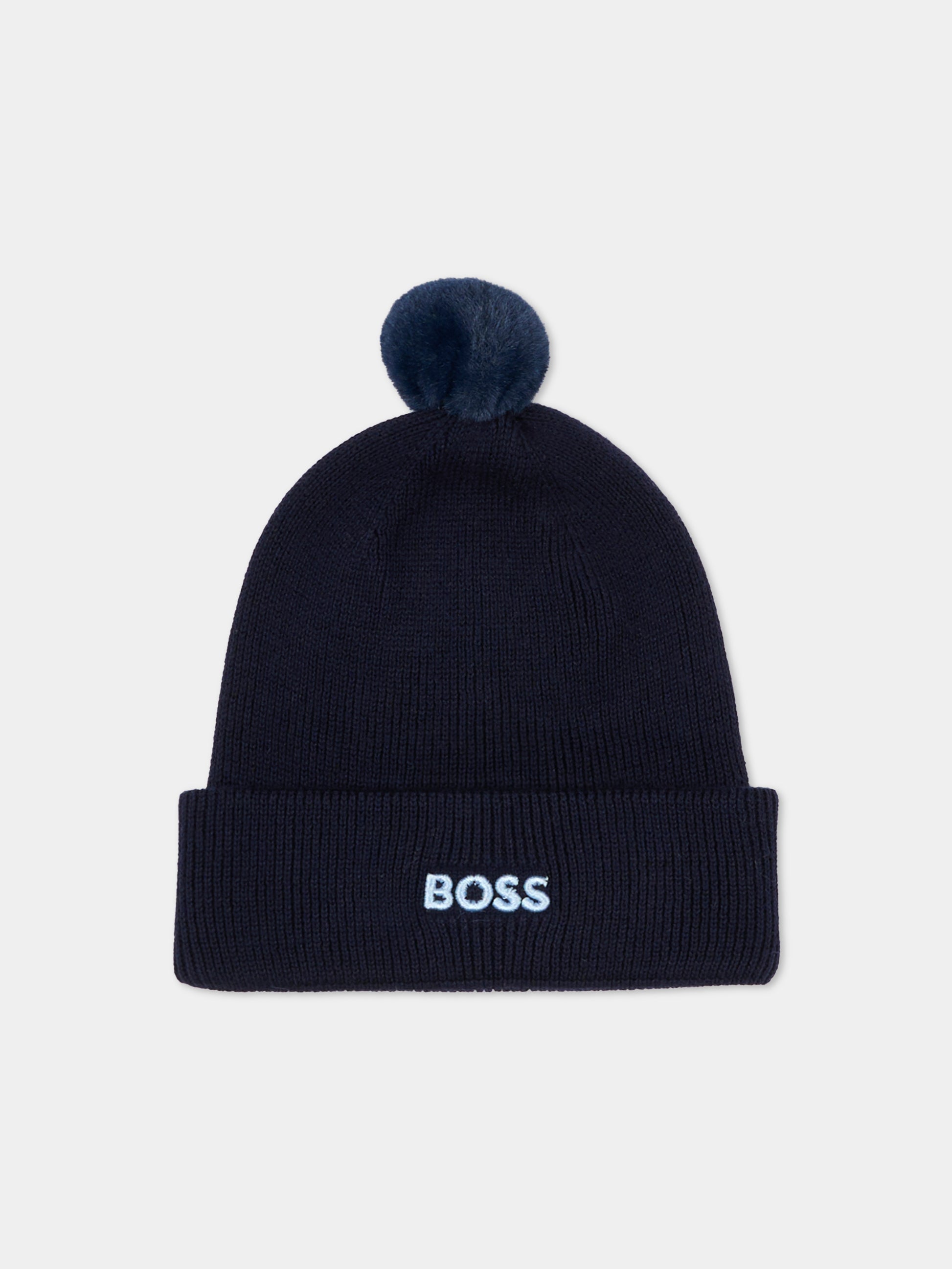 Berretto blu per neonato con pompon,Boss,J52595 849